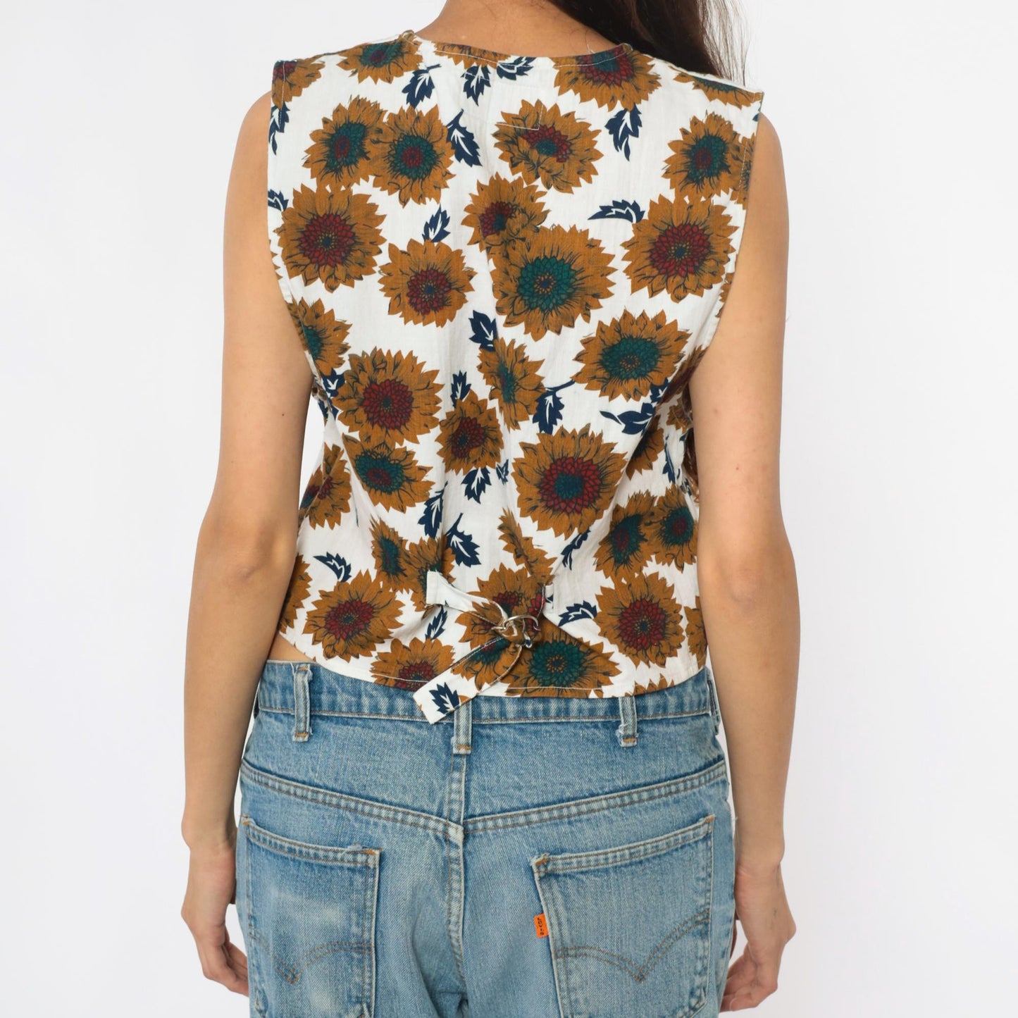 90s Carolina Colours Sunflower Floral Cotton Vest Cream Medium M