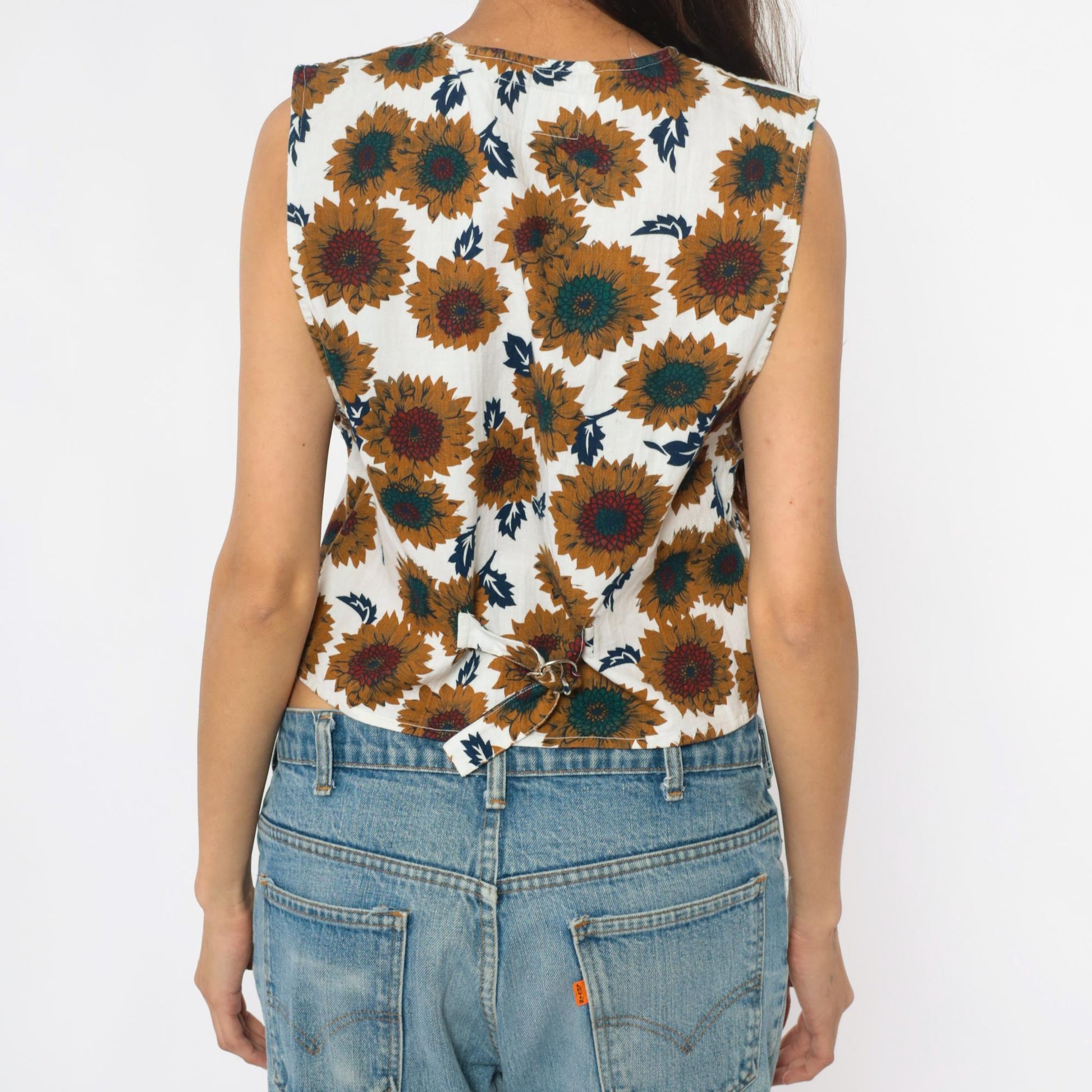 90s Carolina Colours Sunflower Floral Cotton Vest Cream Medium M