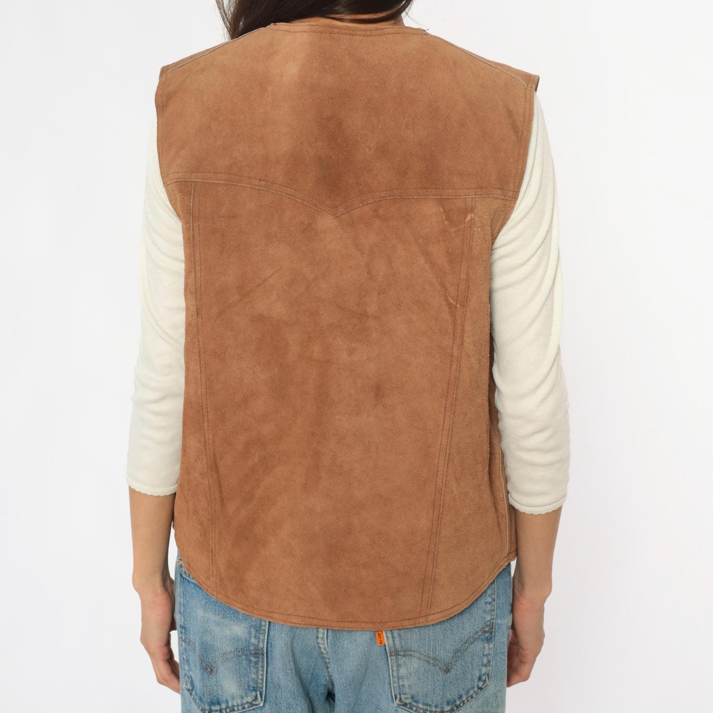 80s Brown Suede Vest Shearling Lined Snap Button Western Waistcoat Large L