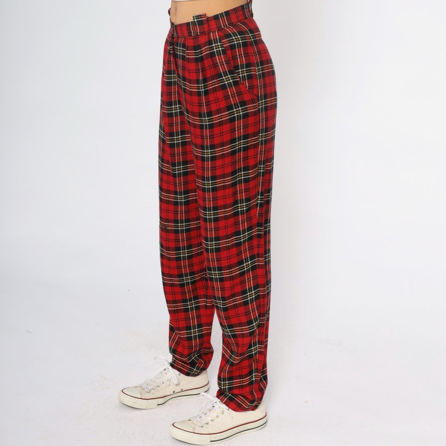 90s Chinicci Red Tartan High-Waist Pleated Trousers Medium