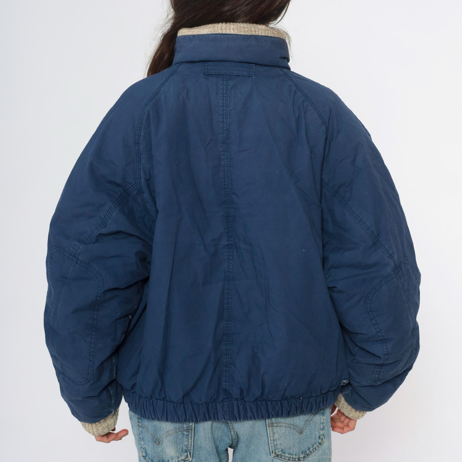 90s John Ashford Navy Bomber Jacket Down Fill Sherpa Collar Yellow Lining Large L