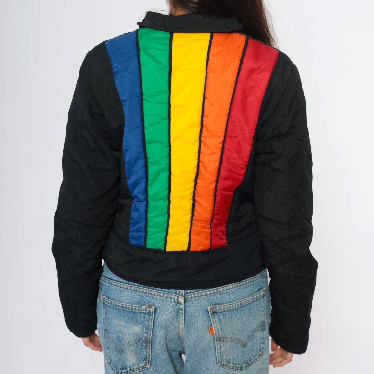 Y2K Tommy Jeans Rainbow Stripe Puffer Jacket Black Cropped Bomber Extra Small XS