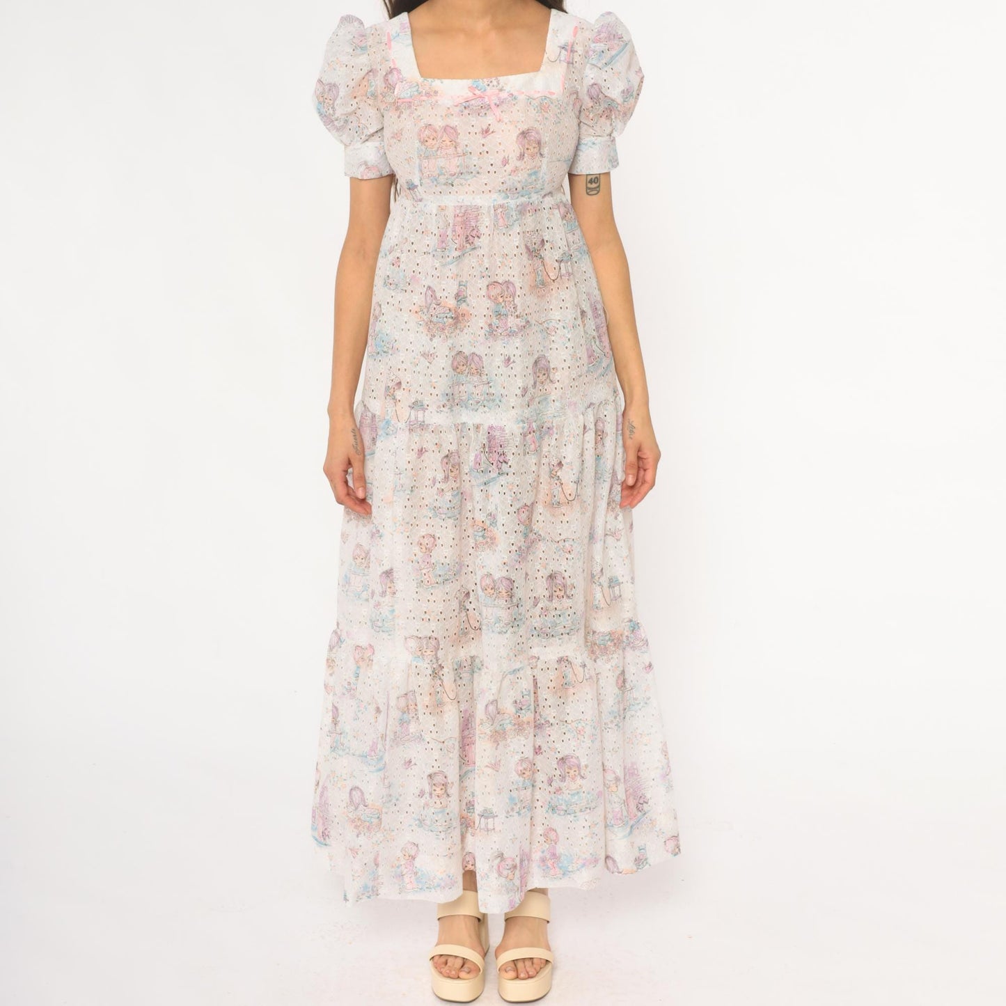 70s White Eyelet Maxi Dress Kawaii Children Print Puff Sleeve Small
