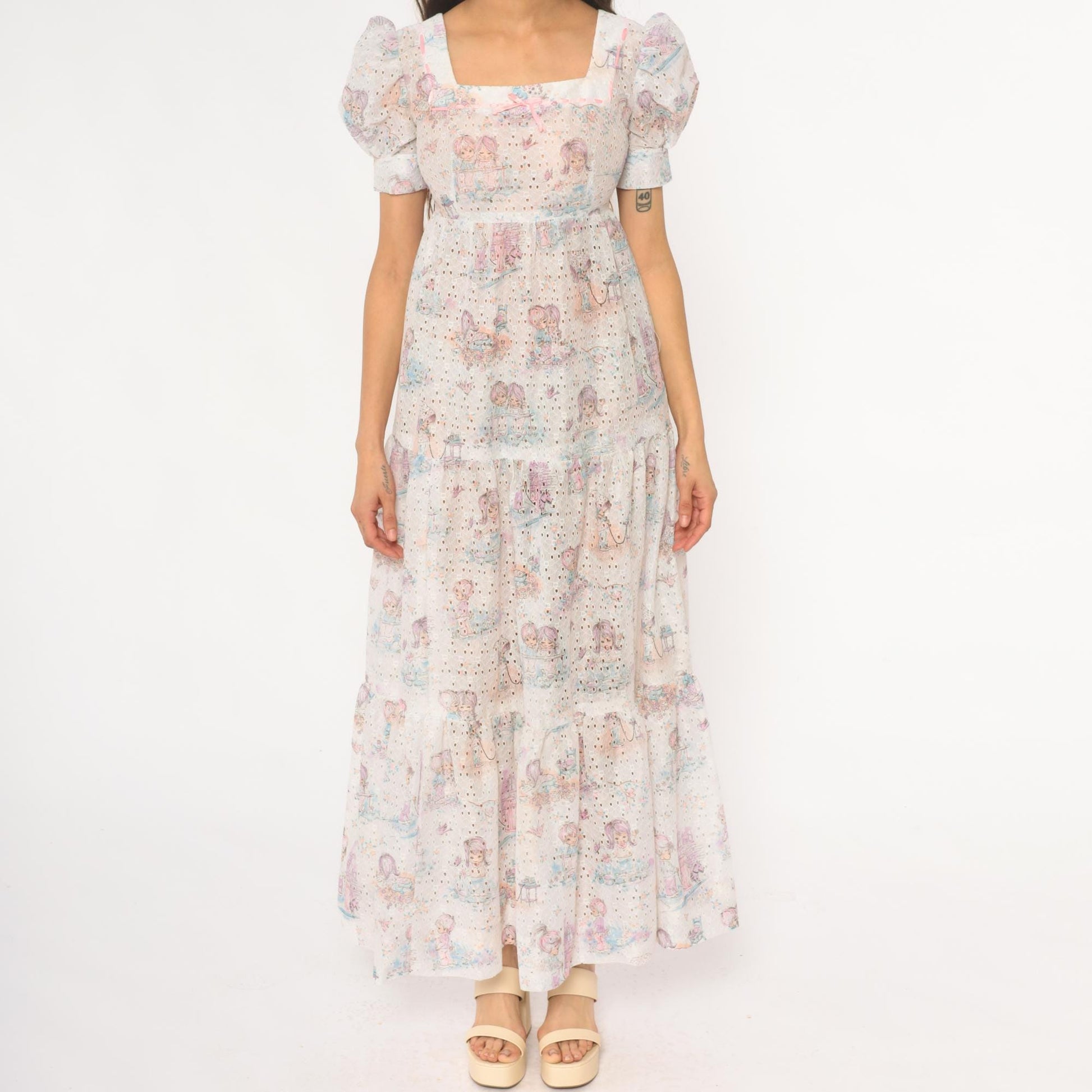 70s White Eyelet Maxi Dress Kawaii Children Print Puff Sleeve Small