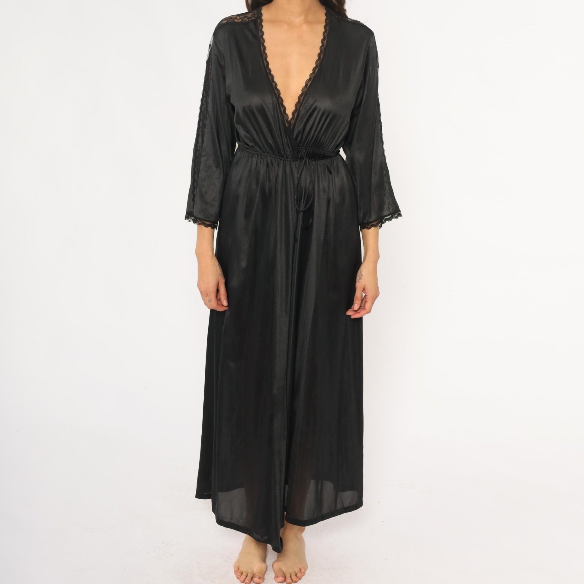 70s Black Nylon Lace Robe Maxi Wrap Front Deep V Neck Tie Waist Small