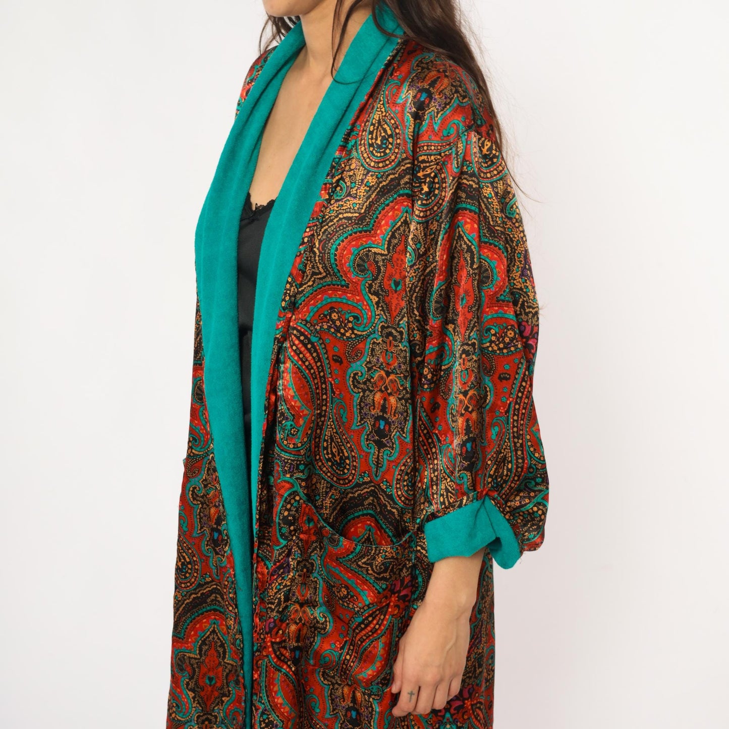 80s Paisley Terrycloth Robe Turquoise Orange Black Lace Trim Knee Length Large