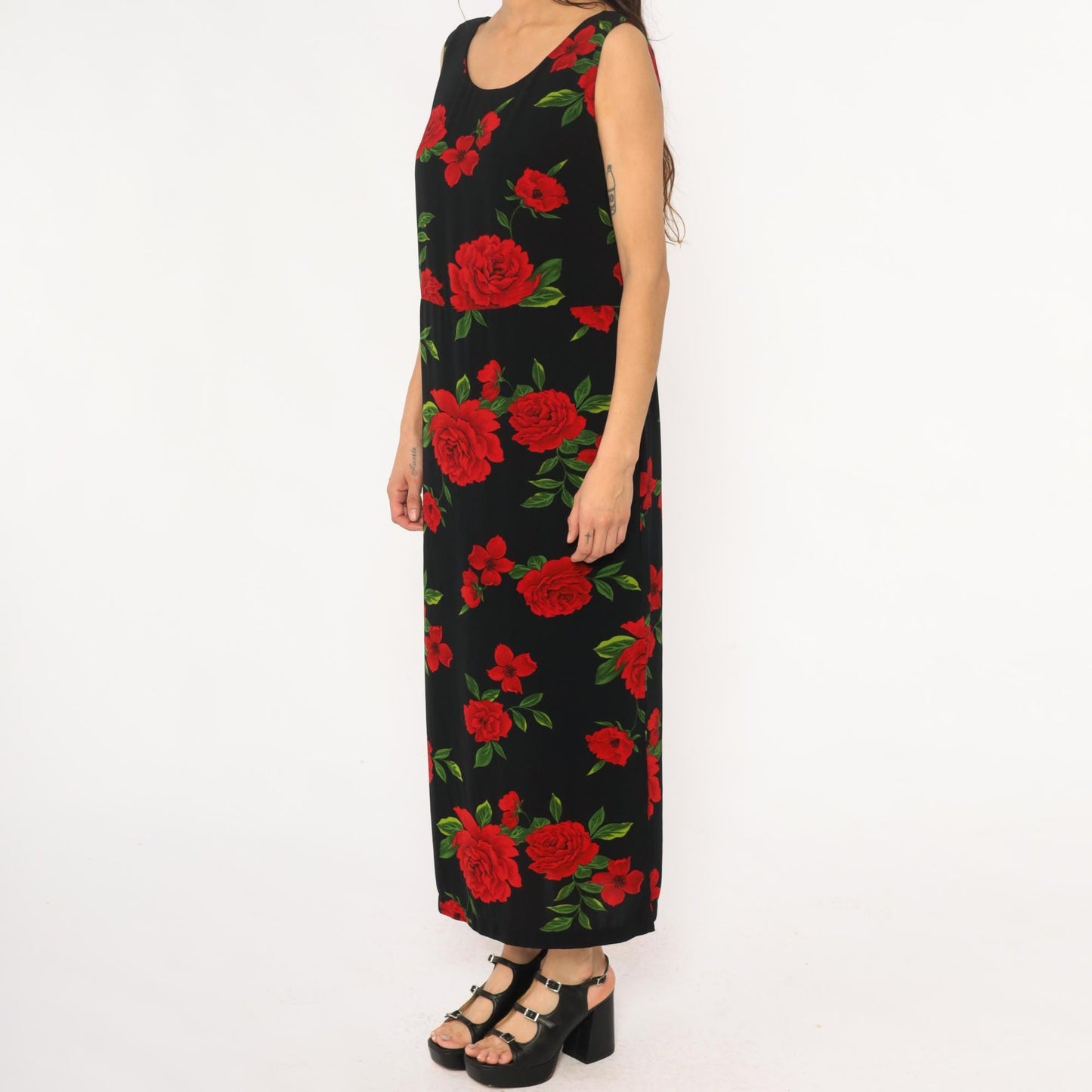 90s Black Maxi Dress Red Rose Floral Print Sleeveless Scoop Neck Medium