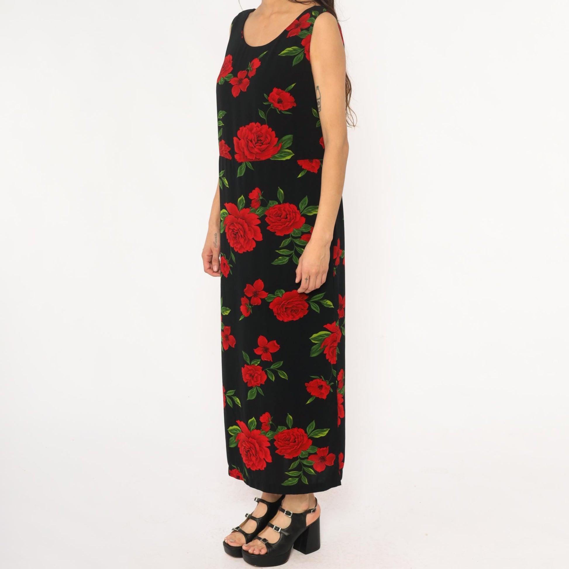 90s Black Maxi Dress Red Rose Floral Print Sleeveless Scoop Neck Medium