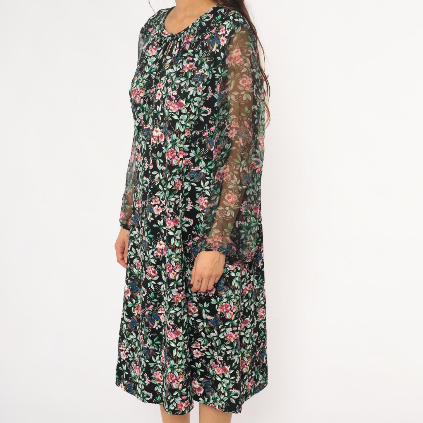 70s Black Floral Midi Dress Butterfly Print V-Neck Long Sleeve Extra Large