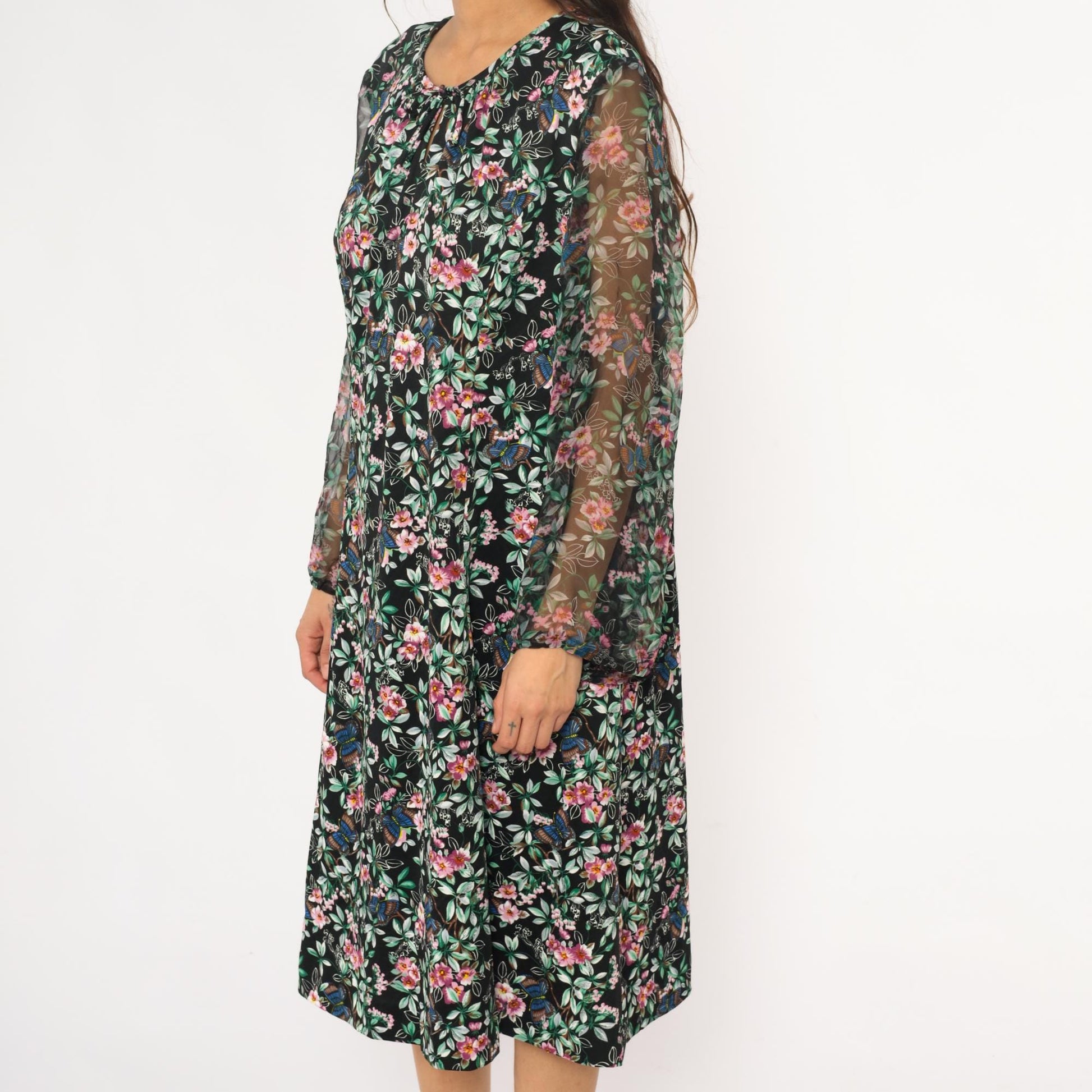 70s Black Floral Midi Dress Butterfly Print V-Neck Long Sleeve Extra Large