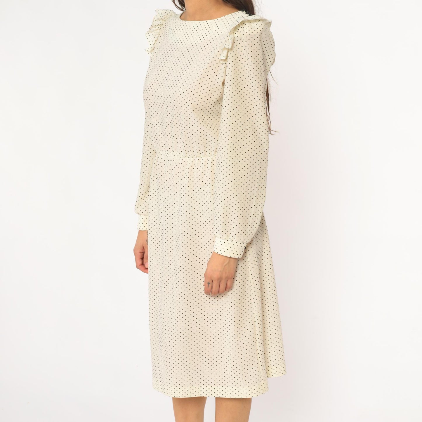 80s Ivory Polka Dot Midi Dress Ruffled Collar Long Sleeve Medium M