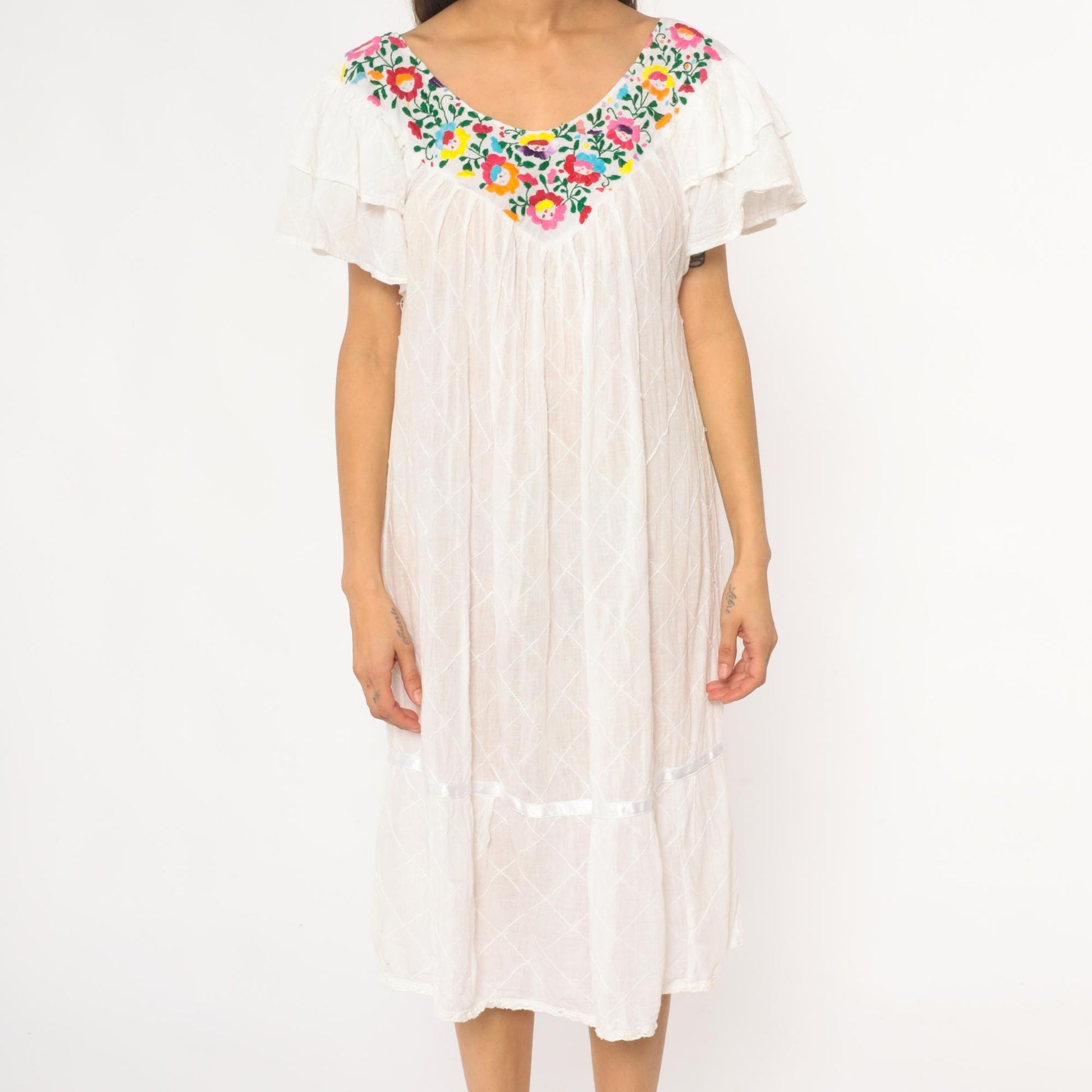 80s Mexican Embroidered White Cotton Midi Dress Floral Flutter Sleeve Small