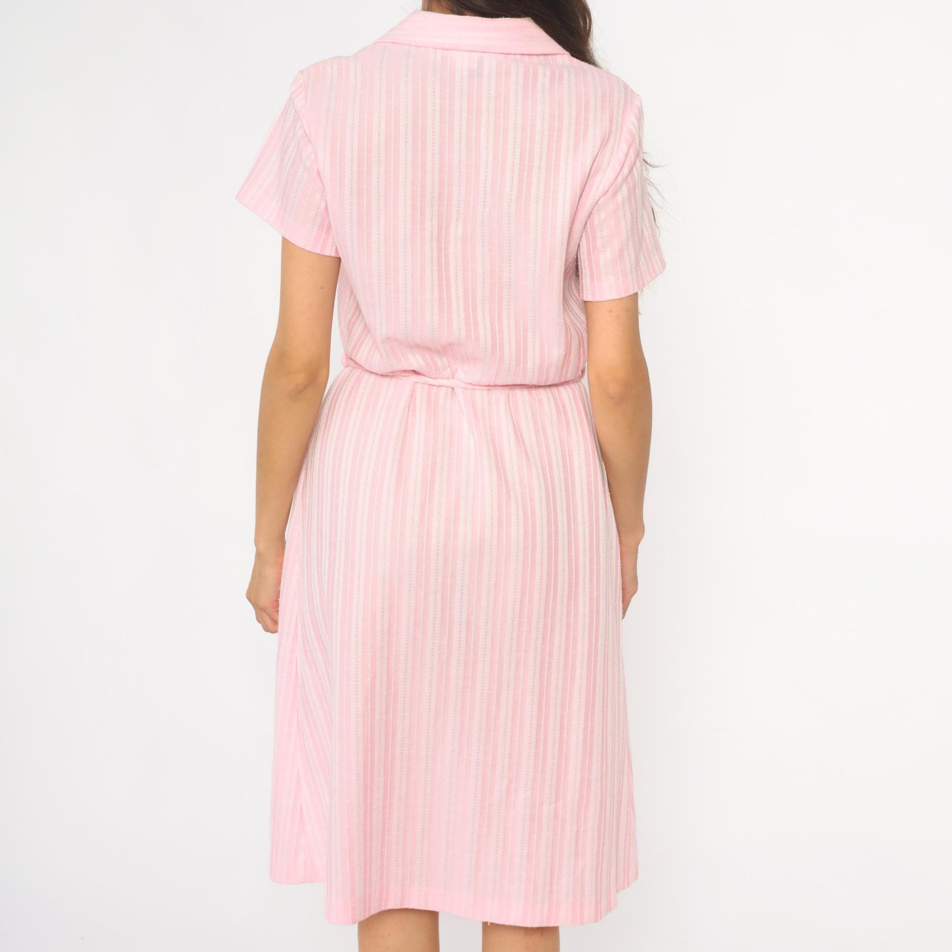80s Pink Striped Shirt Dress Midi Polo Collar Button Front Medium