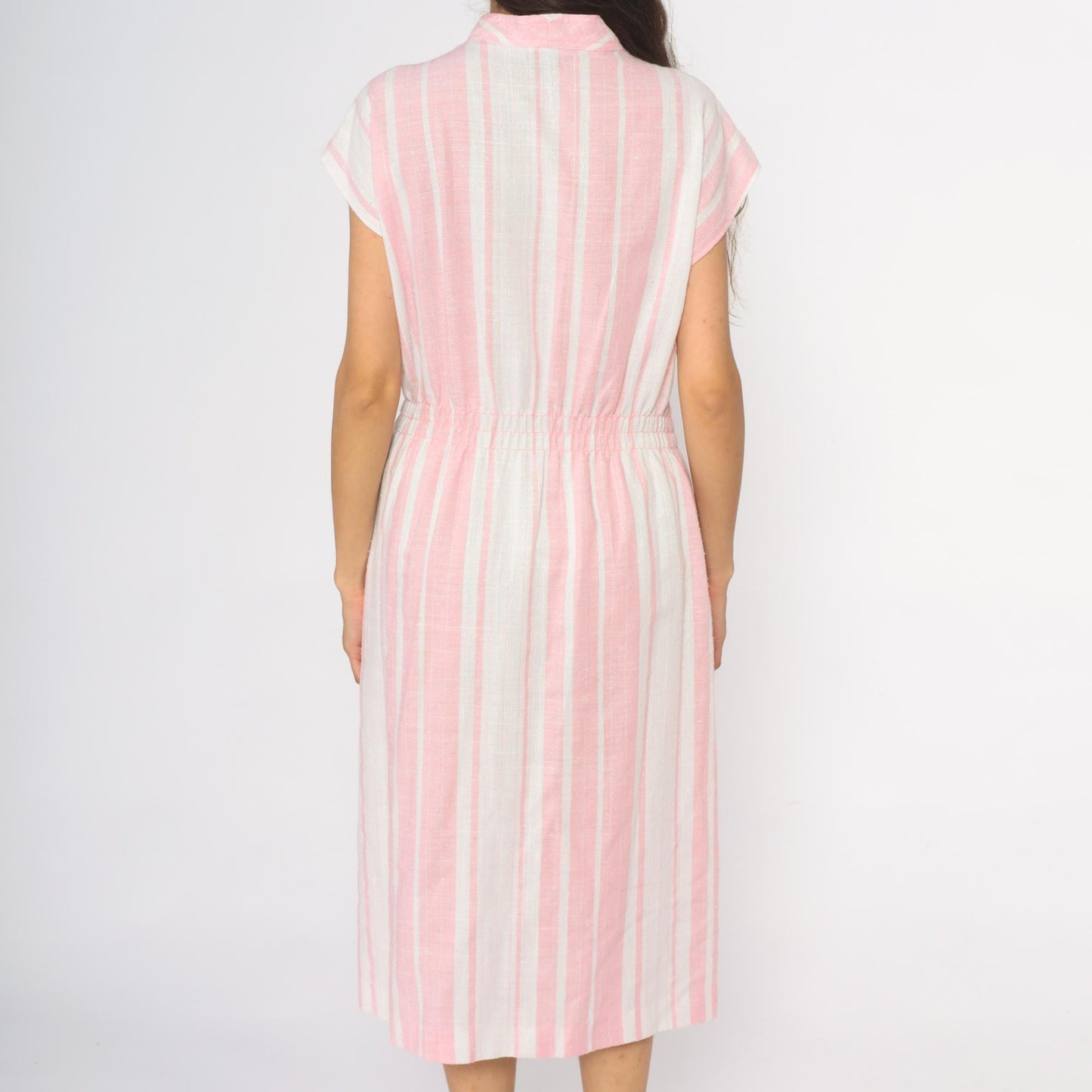 80s Murray Meisner Pink Striped Midi Dress Button Front V-Neck Small