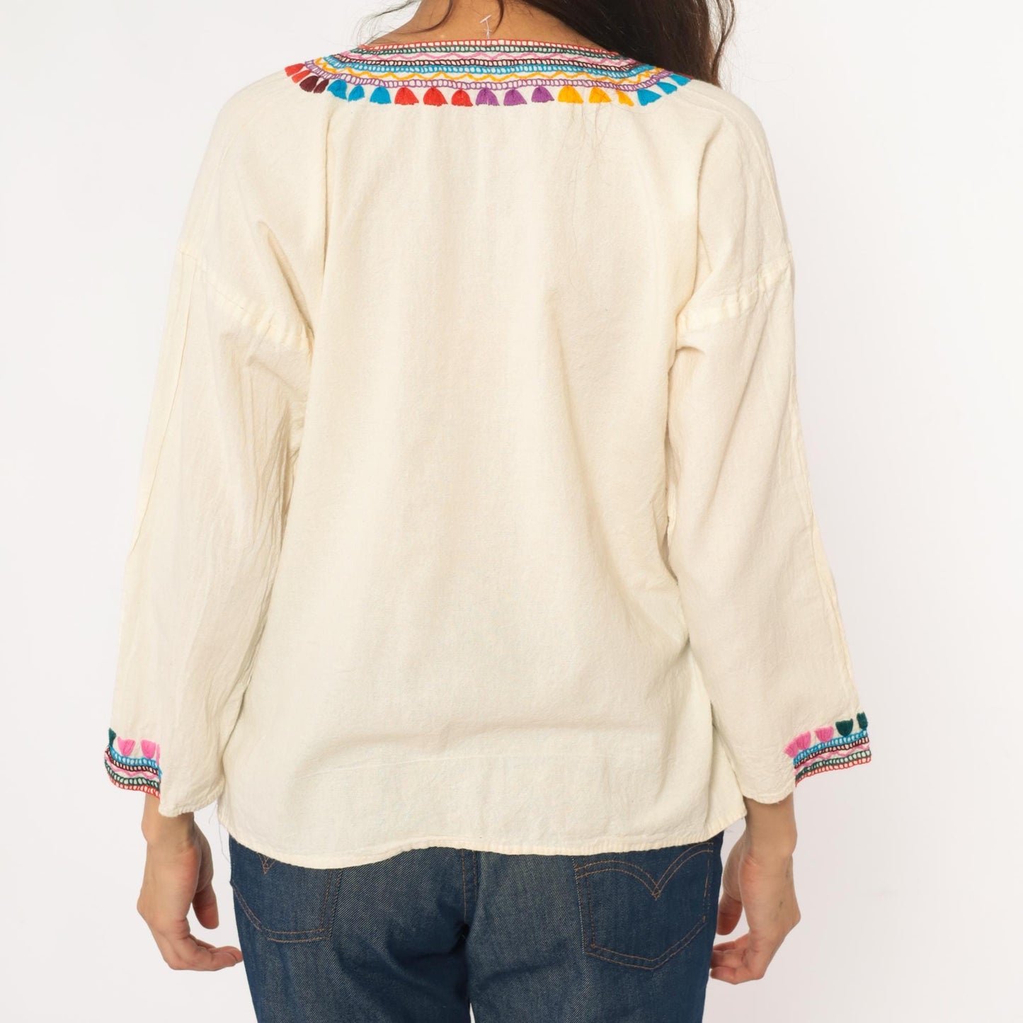 70s Embroidered Mexican Cotton Tunic Blouse Cream Multicolor Medium M