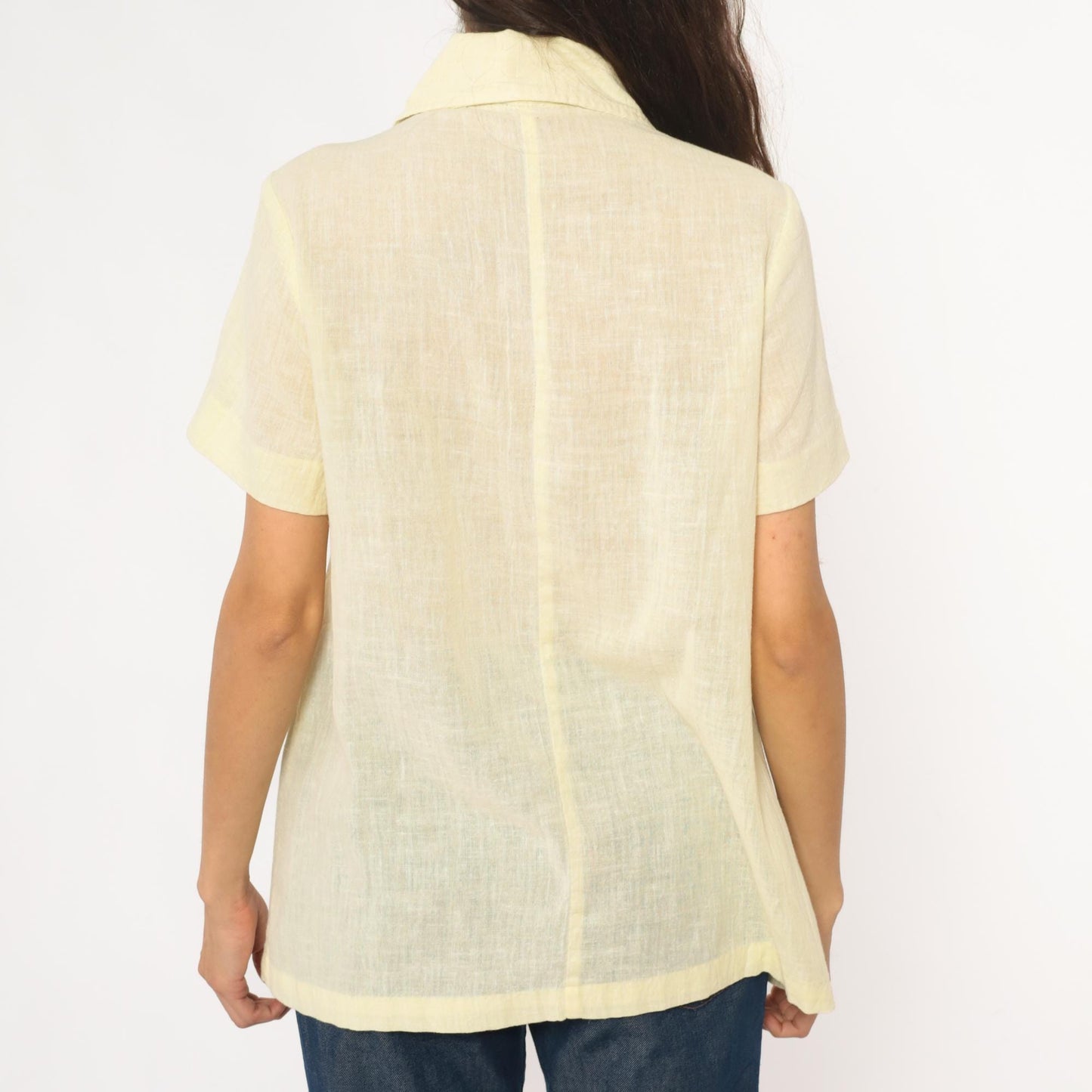 70s Pale Yellow Collared Shirt Pintuck Pleated Camp Blouse Medium M