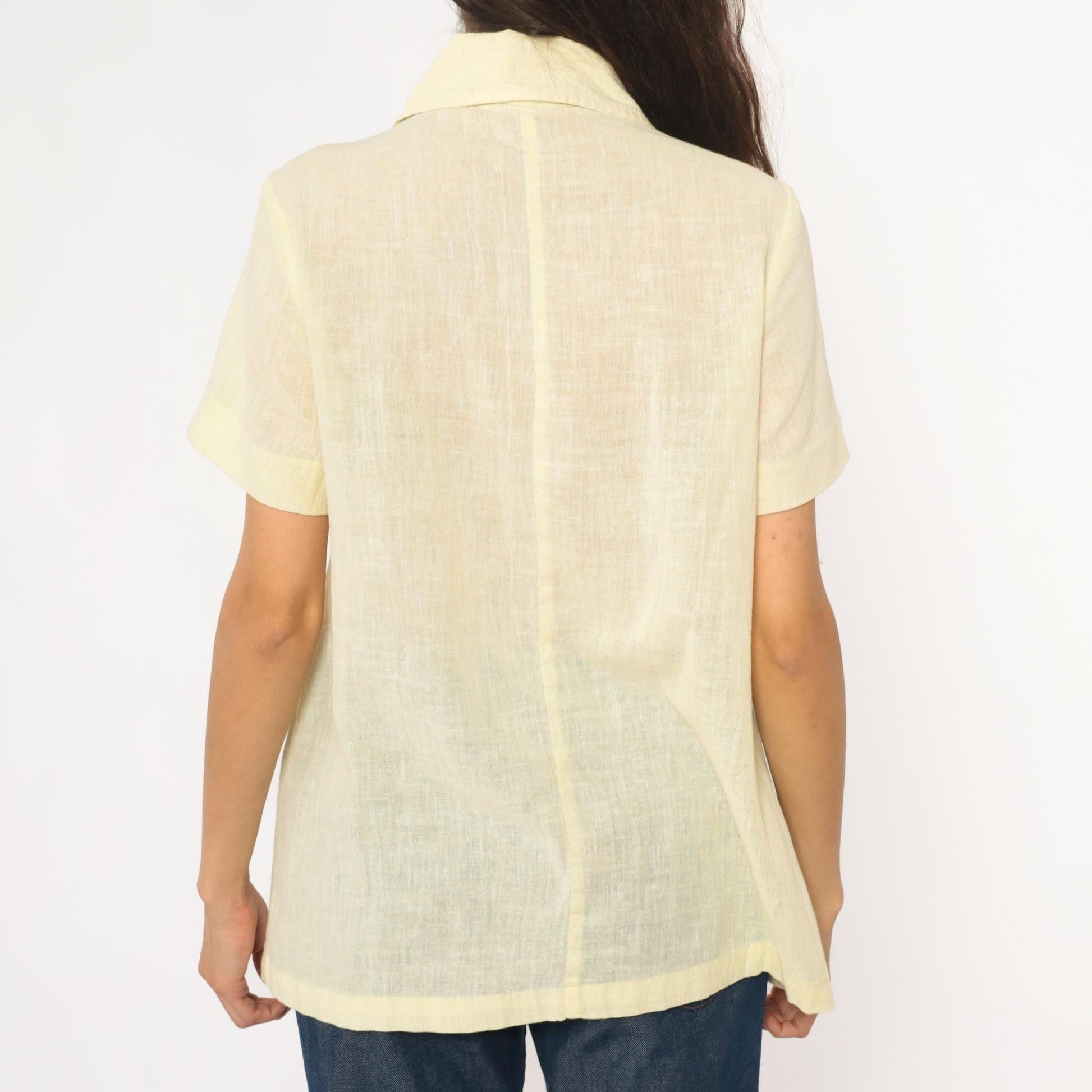 70s Pale Yellow Collared Shirt Pintuck Pleated Camp Blouse Medium M