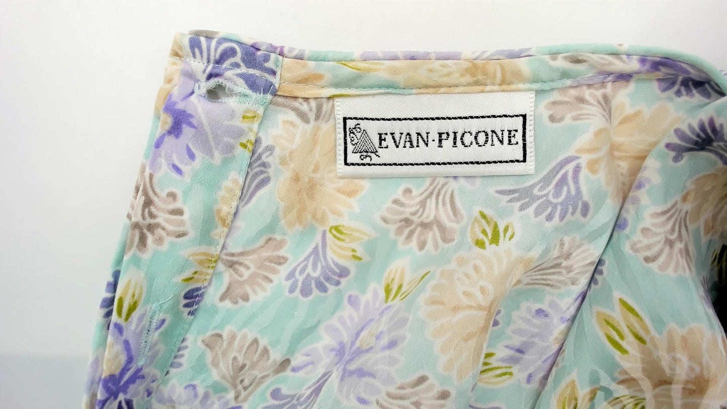 80s Evan Picone Silk Floral Blouse Mint Green Puff Sleeve Large L
