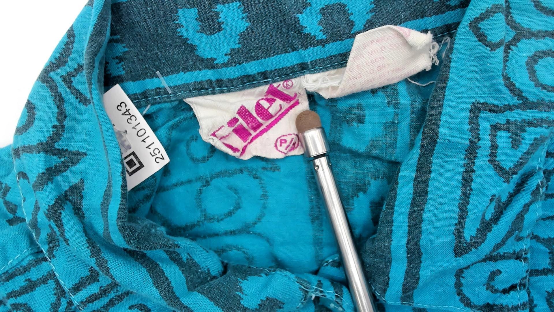 90s Turquoise Geometric Tribal Button-Up Shirt Short Sleeve Medium