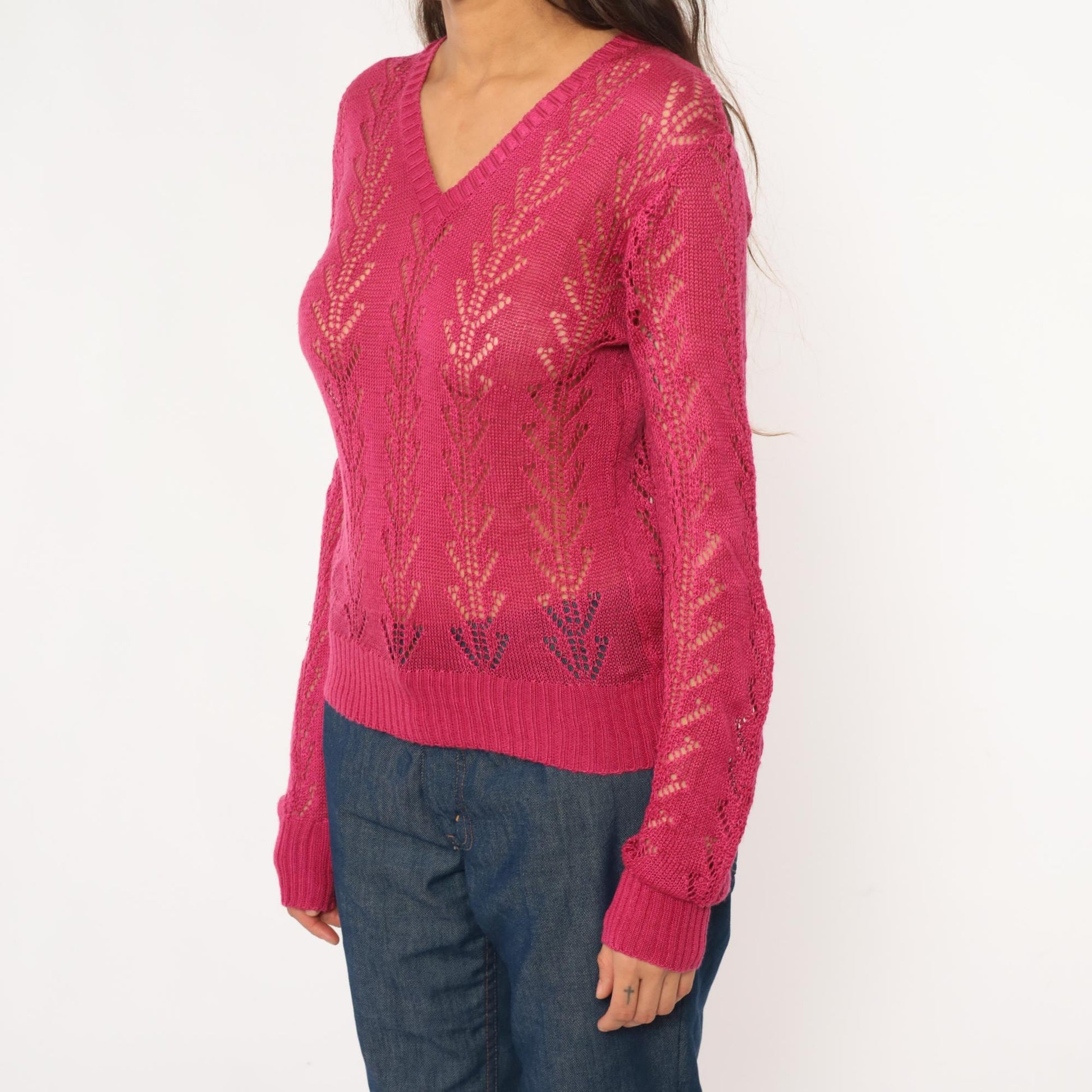 70s Alice Kim Hot Pink Pointelle Knit Sweater Chevron V-Neck Small