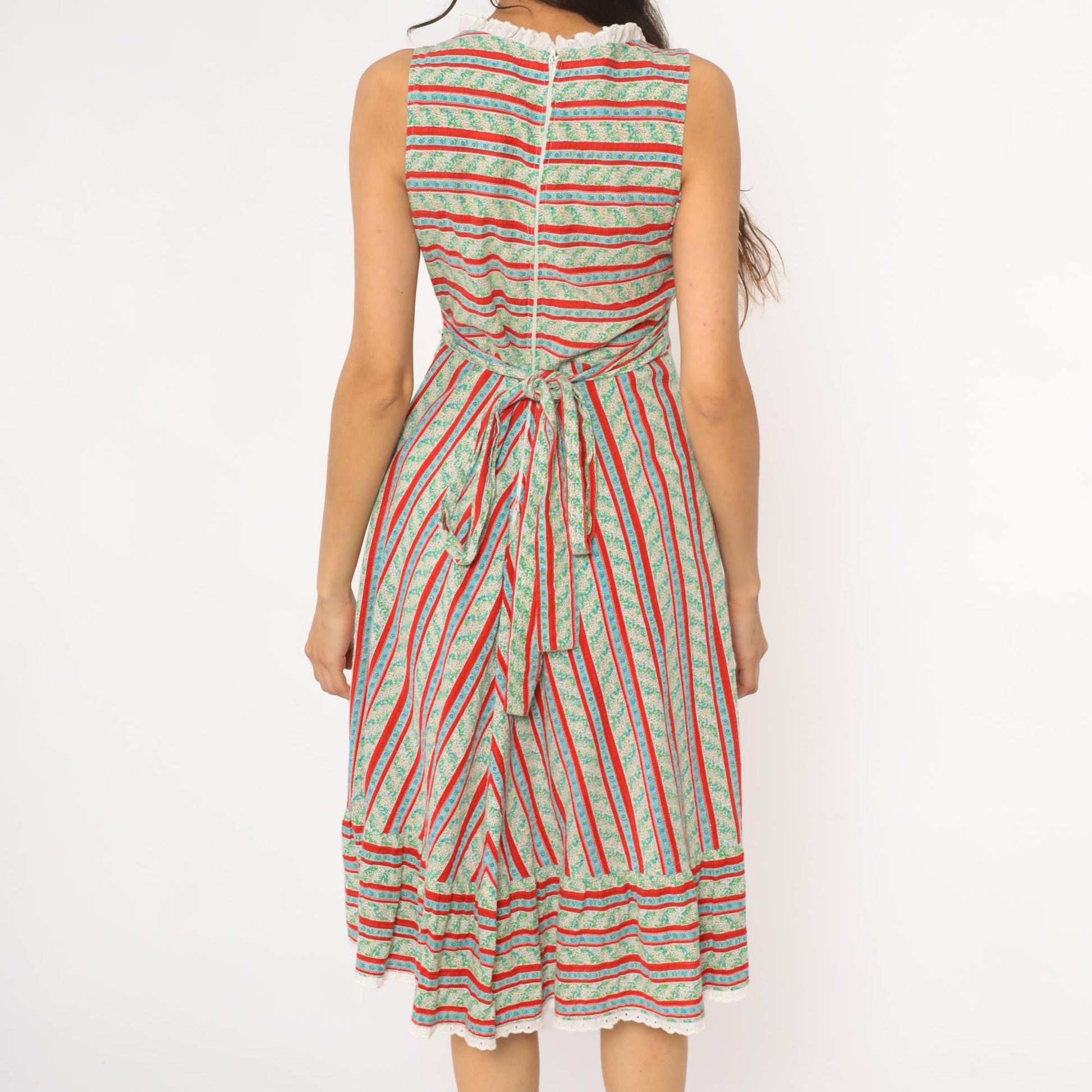 70s JC Penney Striped Chevron Prairie Dress Empire Waist Mint Small