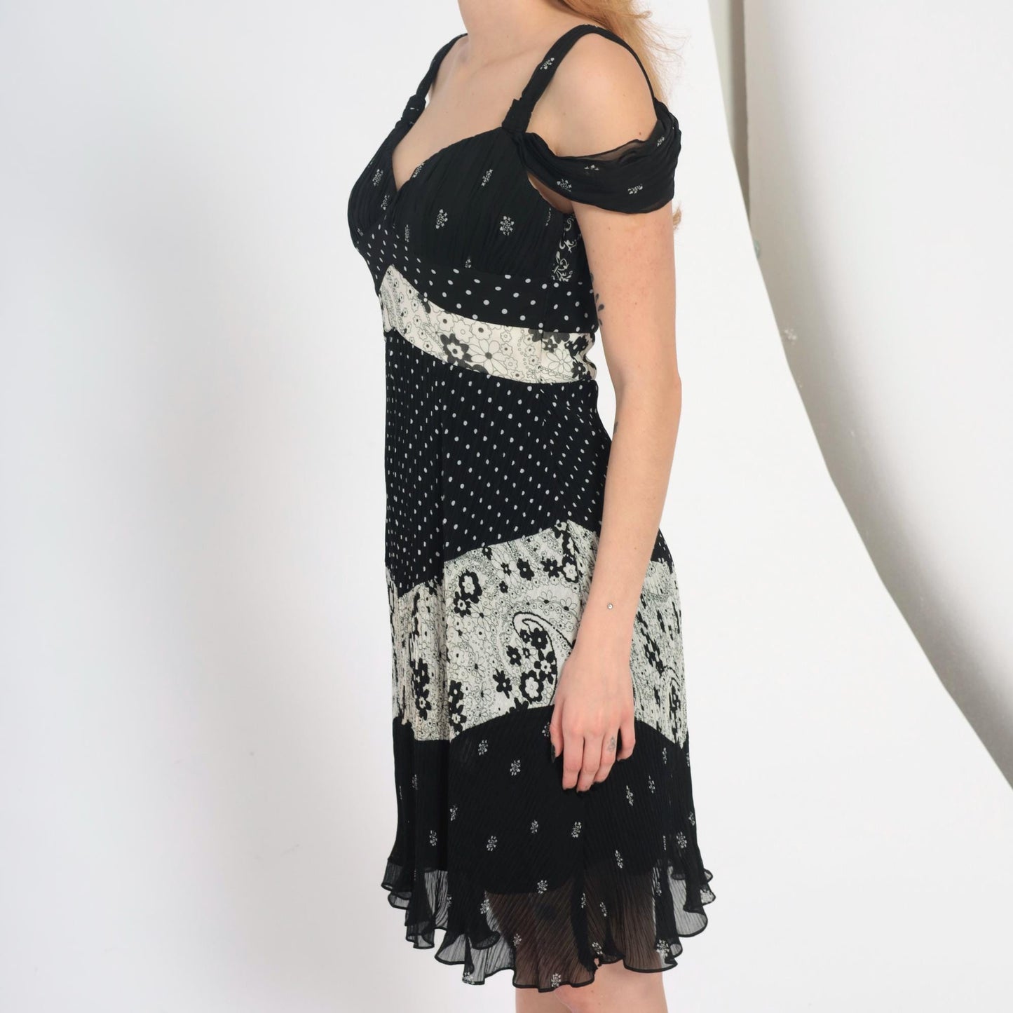 Y2K Alberto Makali Black Mini Dress Mixed Print Cold Shoulder Small S