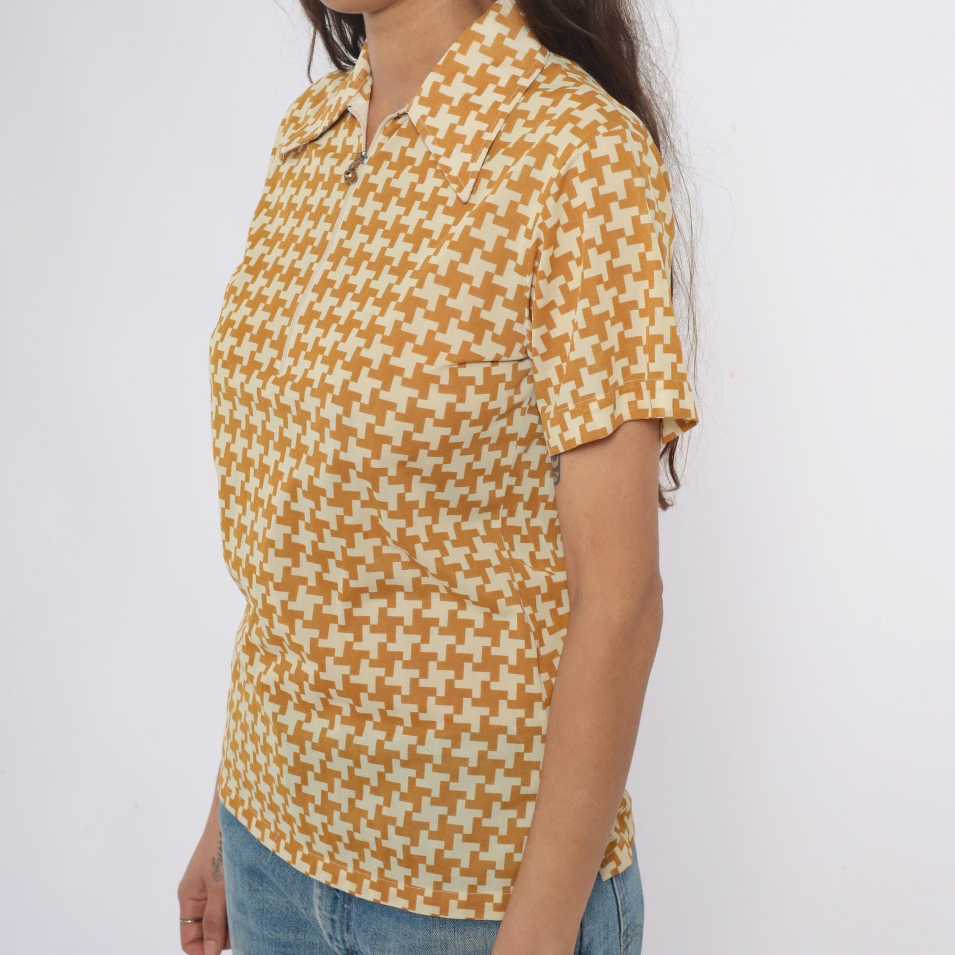 70s Houndstooth Polo Zip Front Collared Shirt Yellow Cream Geometric Extra Small