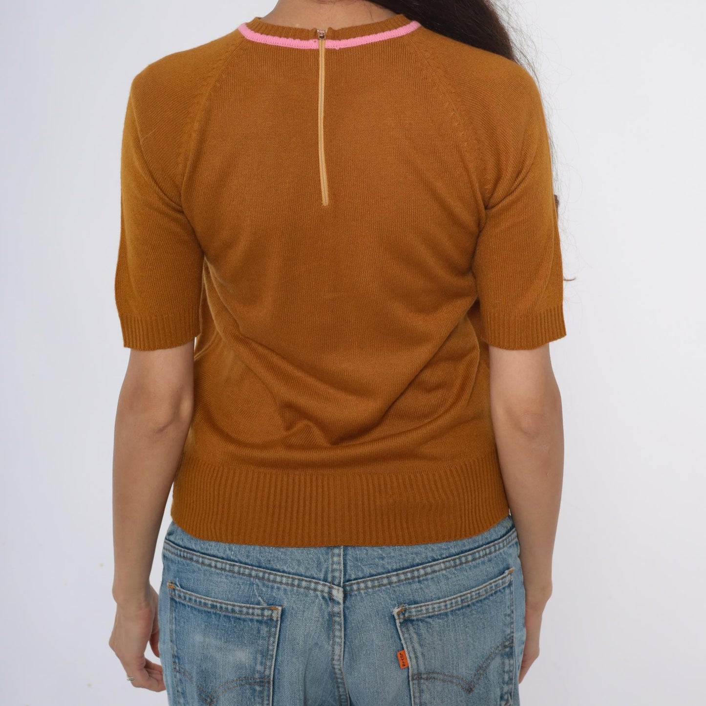 70s Filly Fashion Mustard Knit Sweater Pink Trim Cropped Back Zip Small S
