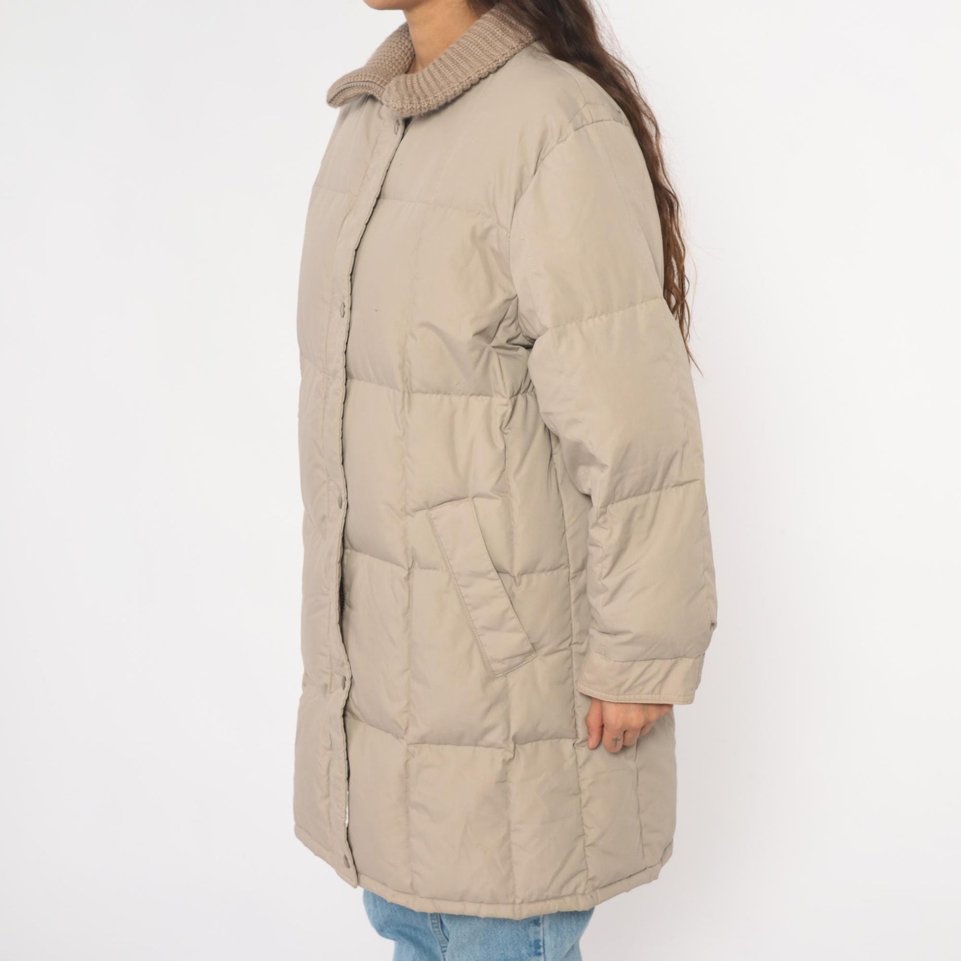 80s Beige Quilted Puffer Coat Down Filled Long Jacket Knit Collar Large L