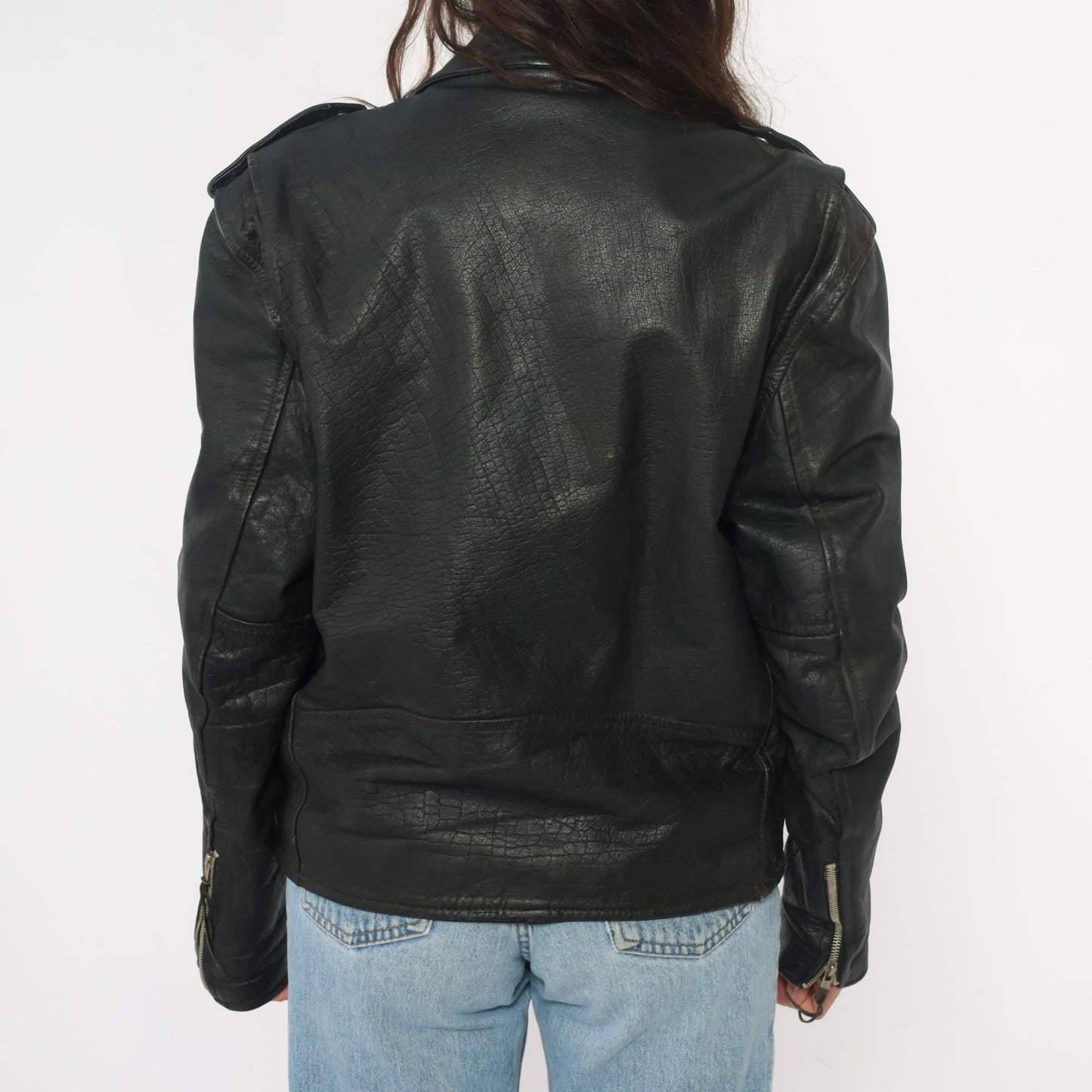 90s Wilsons Leather Black Motorcycle Jacket Belted Zip Silver Hardware Small S
