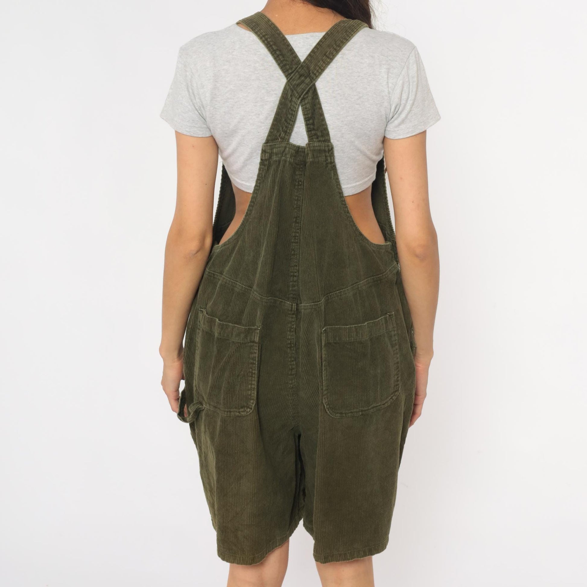 90s Olive Green Corduroy Overall Shorts Adjustable Straps Cross-Back Large L