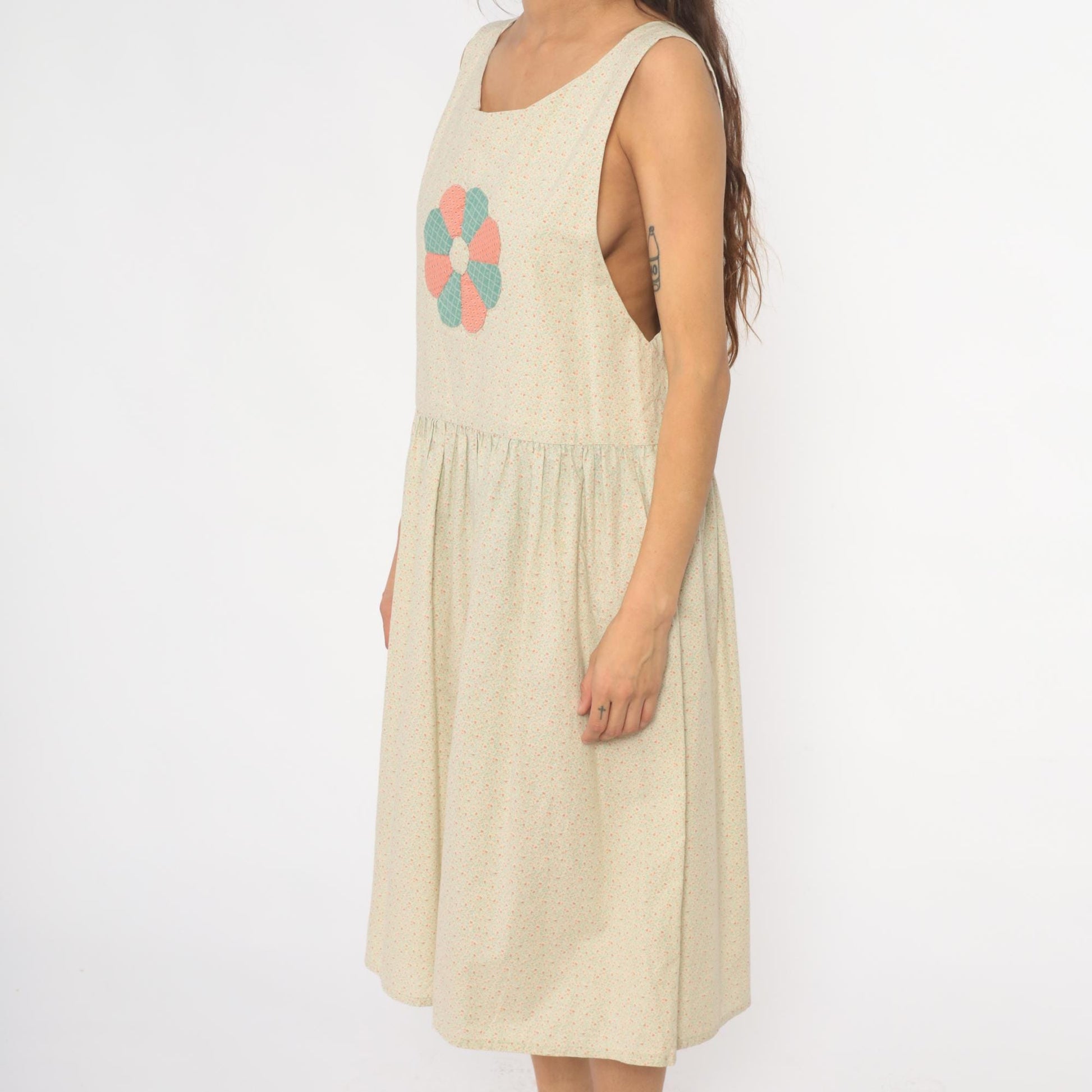 90s Cream Floral Appliqué Drop Waist Midi Dress Gathered Skirt Medium