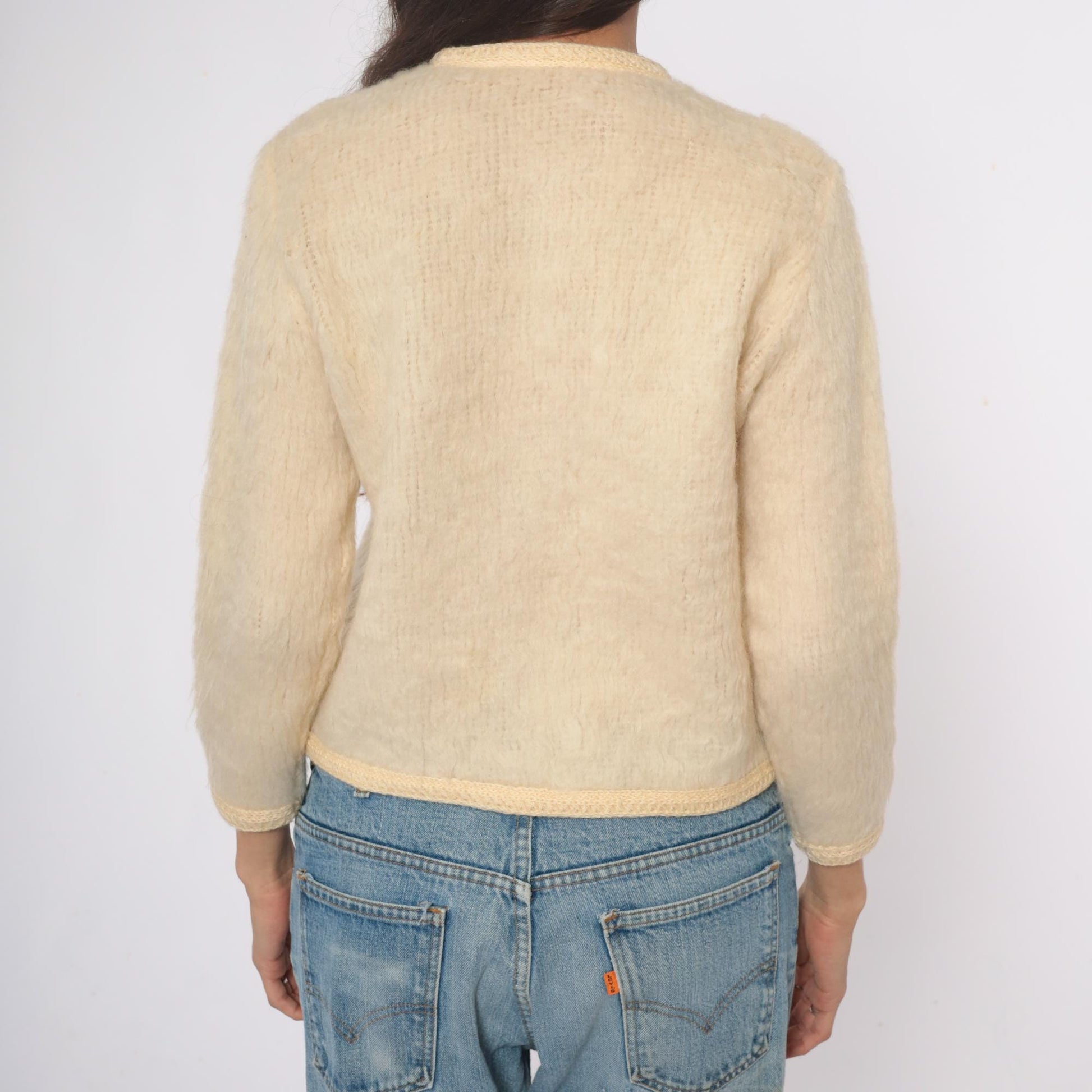 70s Cream Wool Cardigan Peter Pan Collar Textured Knit Small Medium