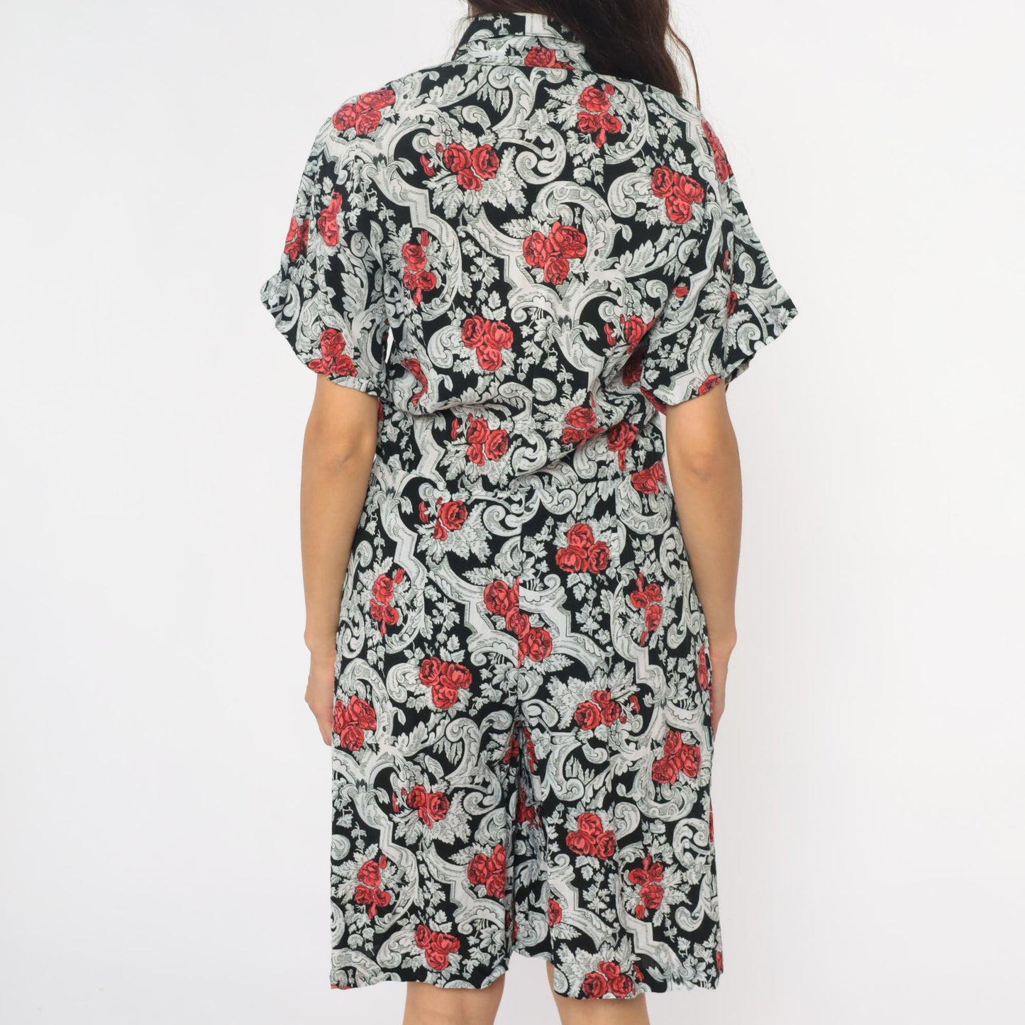 90s Floral Rayon Romper Black Red Rose Baroque Scrollwork Wide Leg Medium M