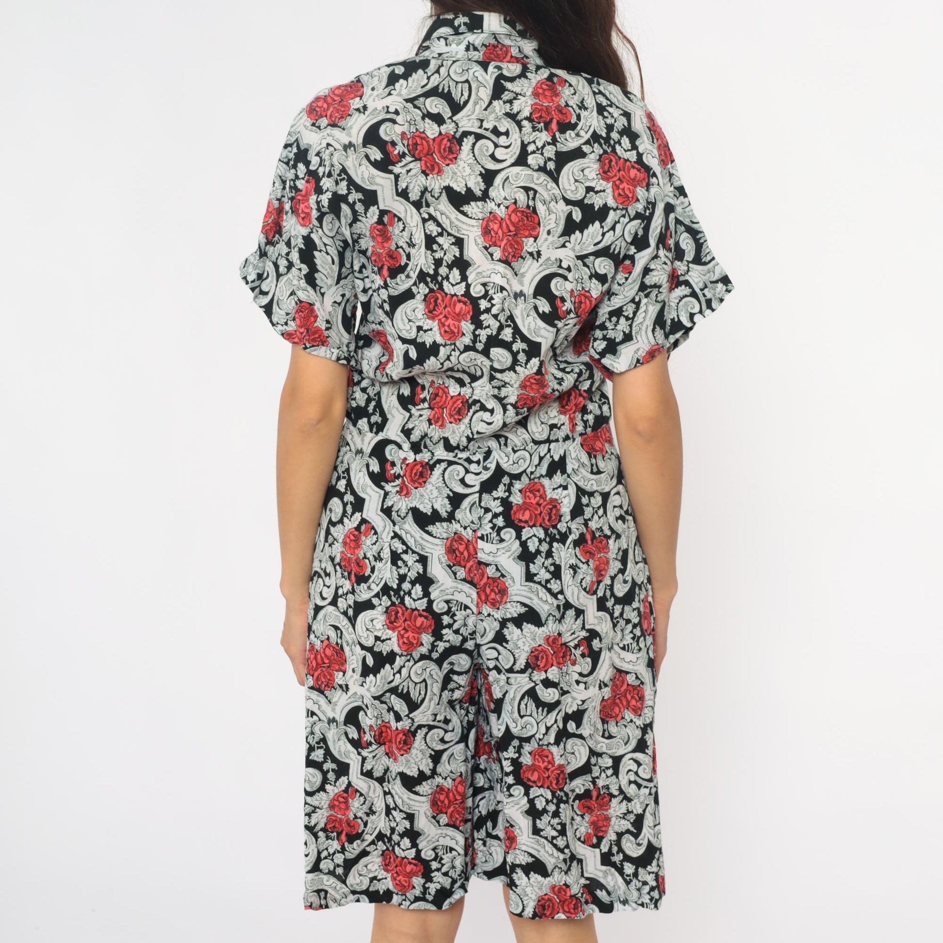 90s Floral Rayon Romper Black Red Rose Baroque Scrollwork Wide Leg Medium M
