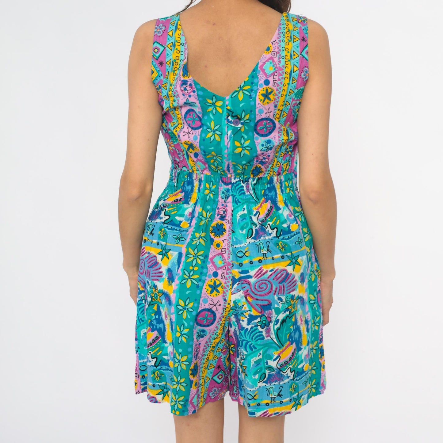 90s Access Romper Turquoise Pink Yellow Geometric Floral Peace Print Medium