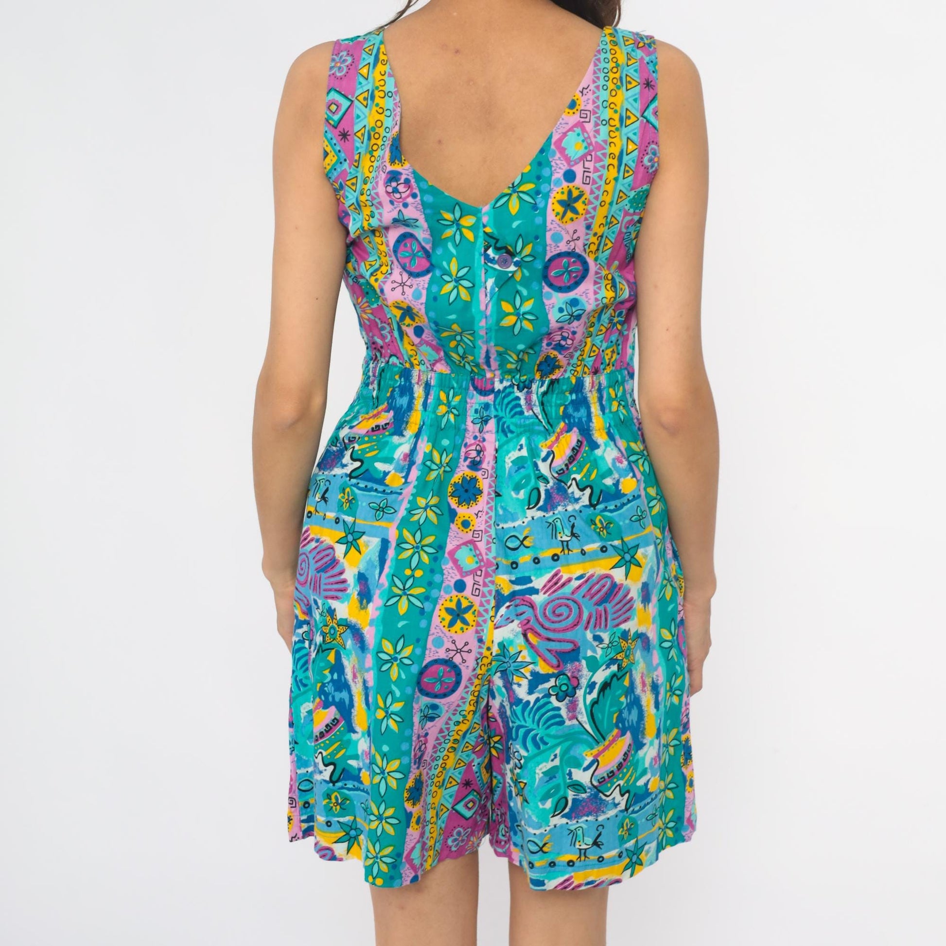 90s Access Romper Turquoise Pink Yellow Geometric Floral Peace Print Medium