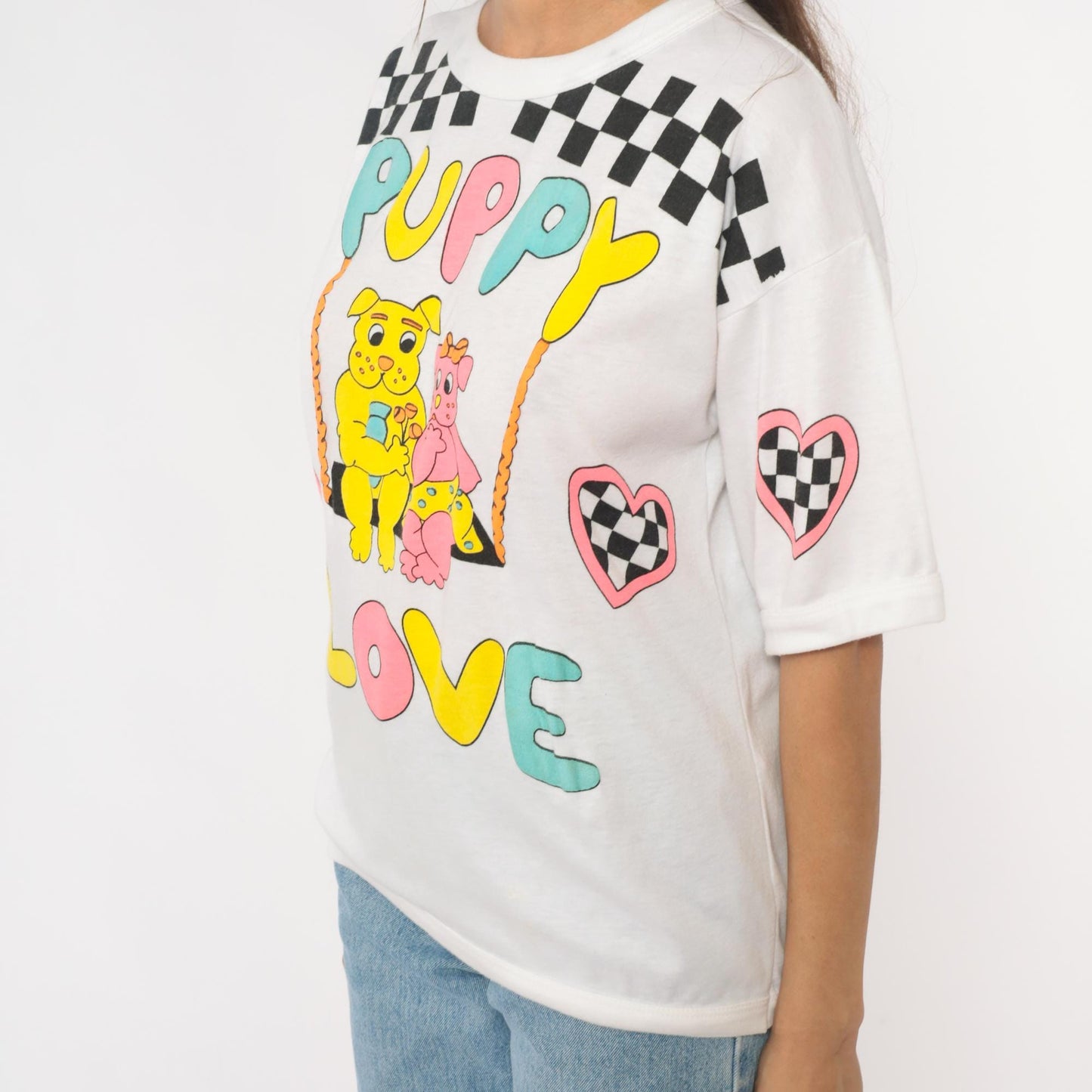 90s Puppy Love Graphic T-Shirt White Checkered Hearts Dogs Medium M