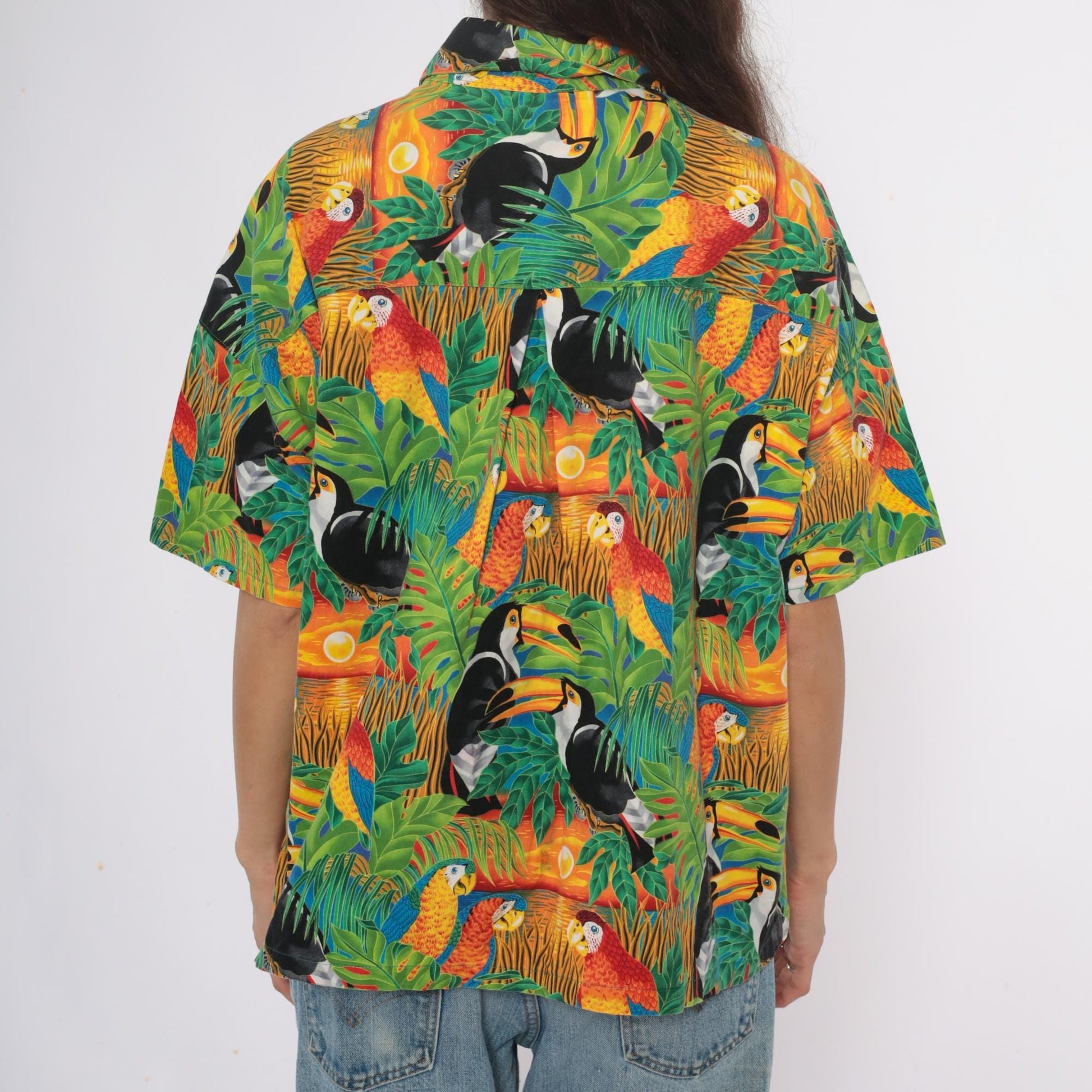 90s Hummingbird Tropical Bird Print Camp Collar Shirt Plus Size XXL