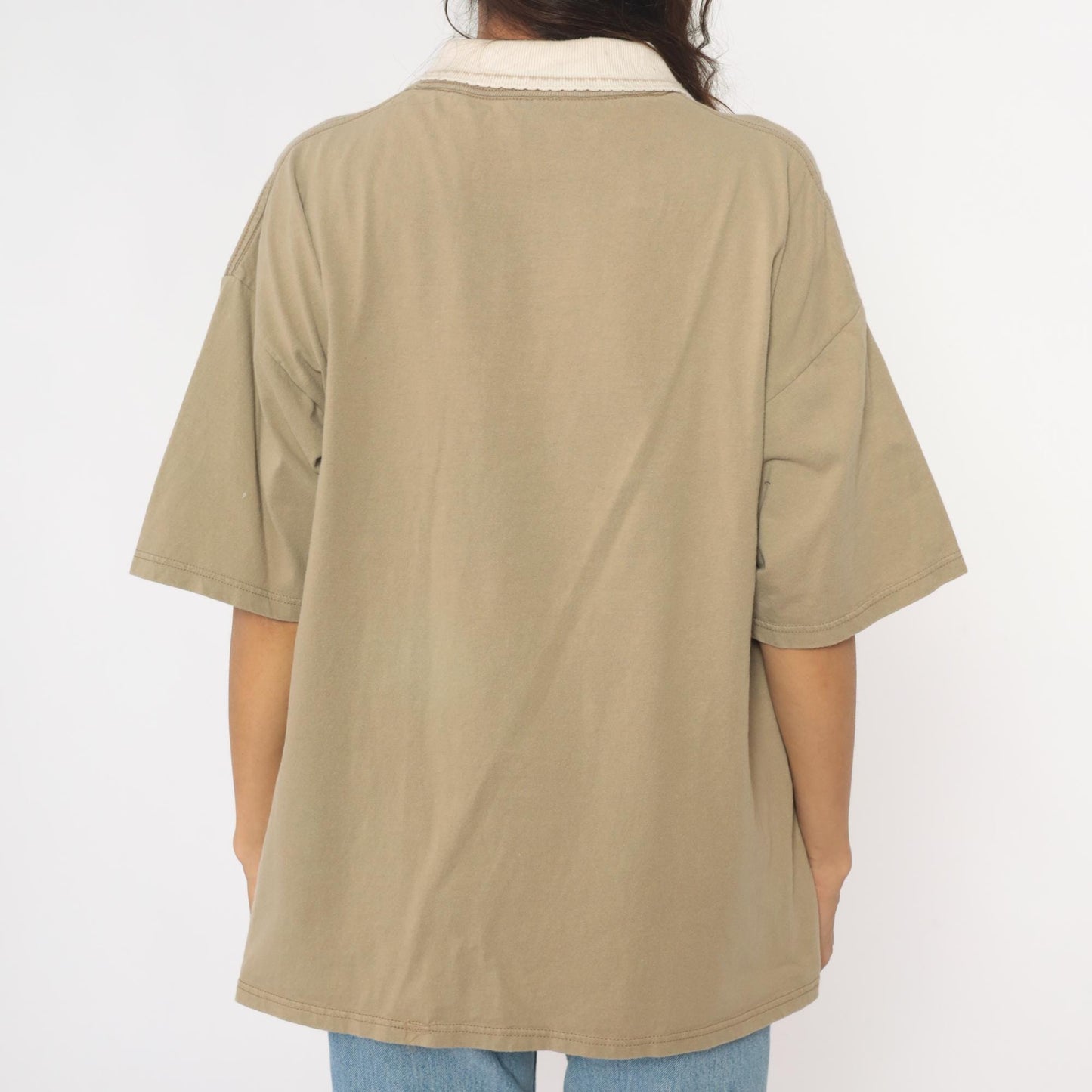 90s Embroidered Floral Heart Polo Shirt Tan Cotton Peter Pan Collar Extra Large