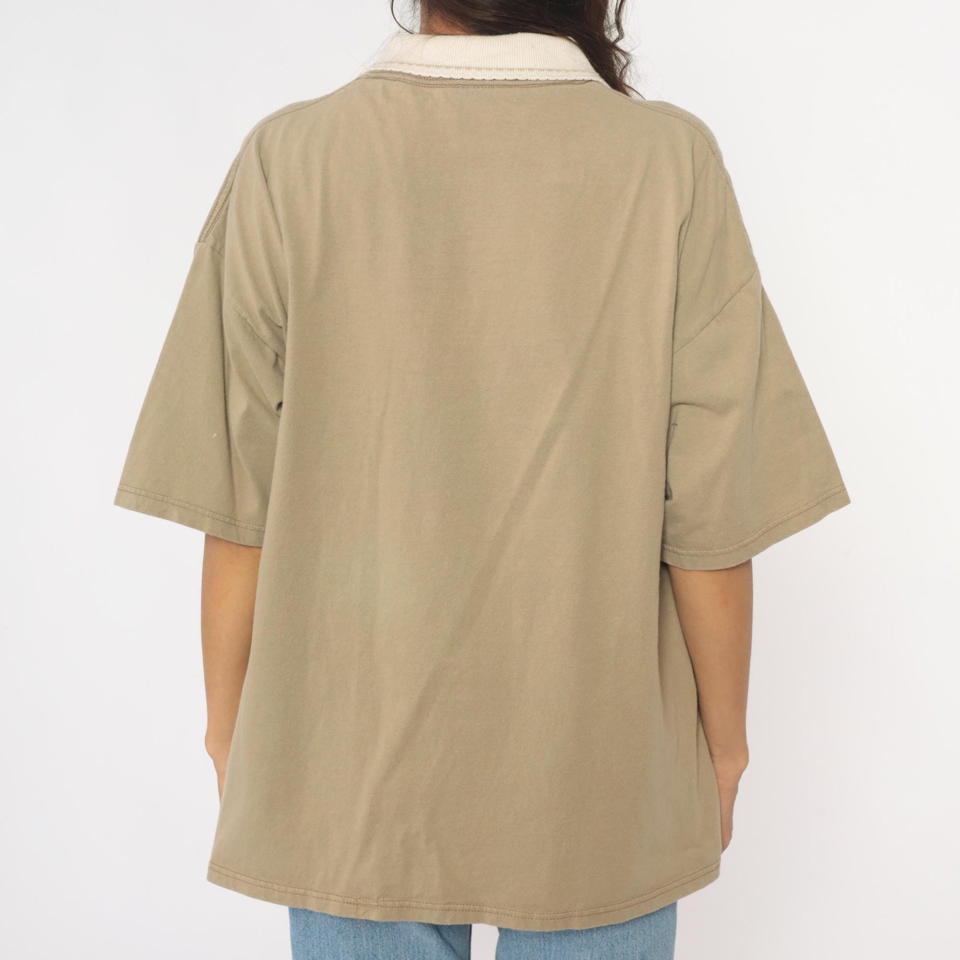 90s Embroidered Floral Heart Polo Shirt Tan Cotton Peter Pan Collar Extra Large