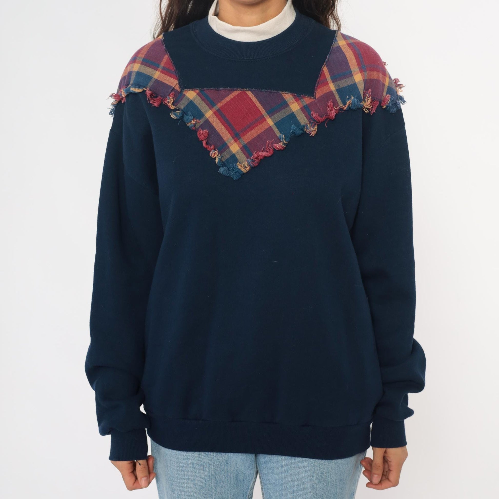 90s Jerzees Navy Plaid Yoke Sweatshirt Burgundy Teal Frayed Crewneck Extra Large XXL
