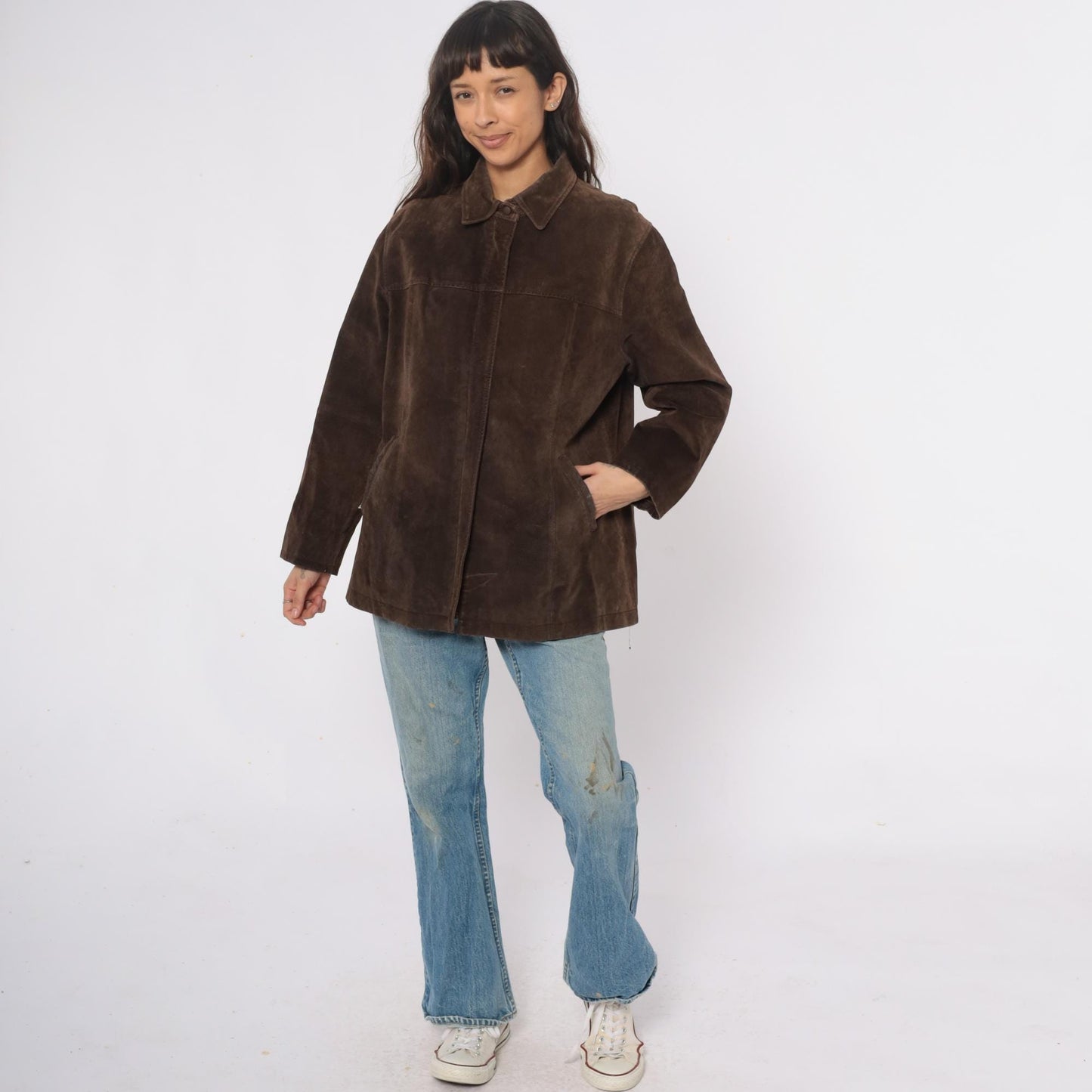 90s Ami Brown Suede Leather Jacket Collared Zip Front Large L