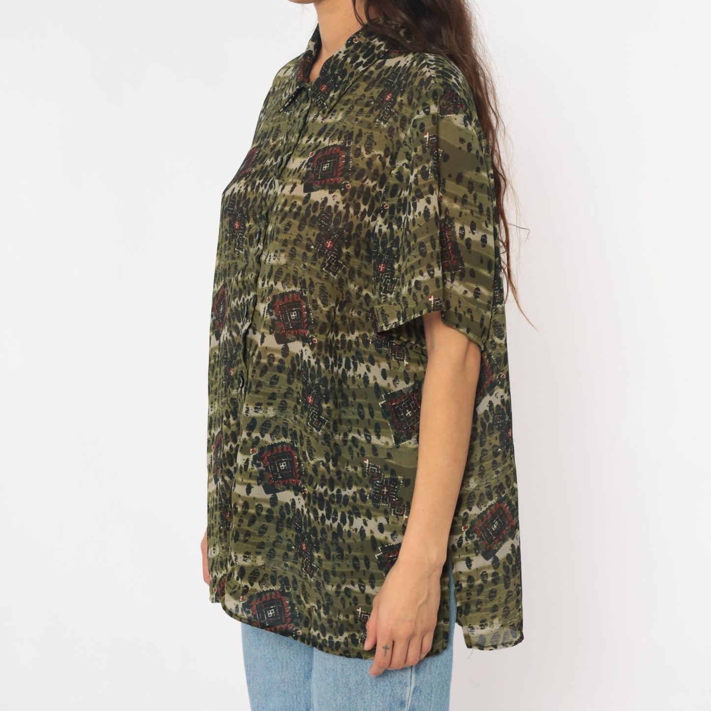 90s Olive Green Leopard Spot Button-Up Blouse Geometric Print Extra Large XL