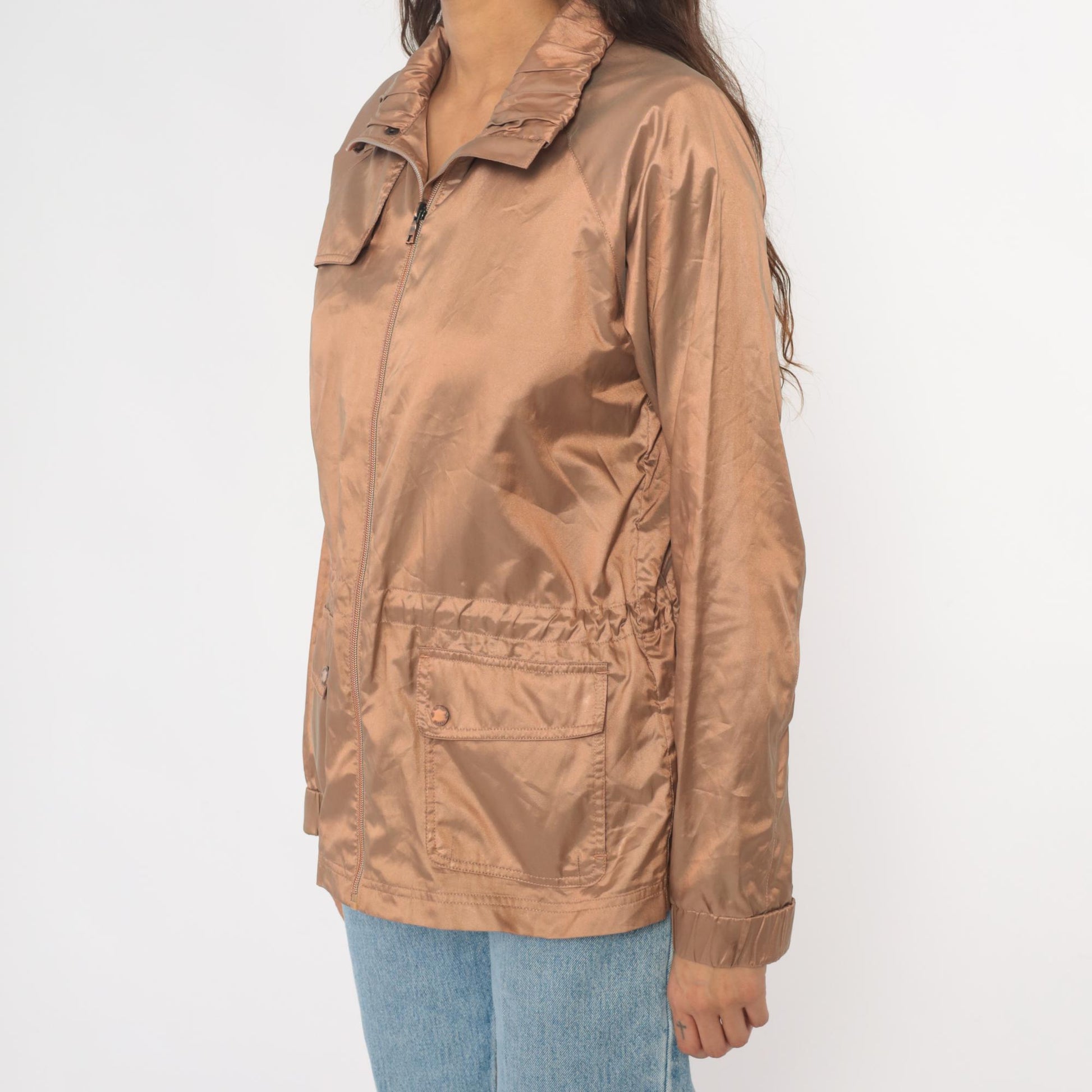 Y2K Tan Utility Jacket Snap Collar Cargo Pockets Zip Windbreaker Medium M