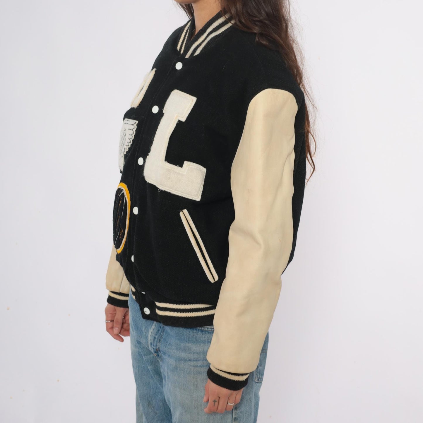 80s Golden Threads Varsity Jacket Wool Leather Black Cream Lumberjack Patches Large