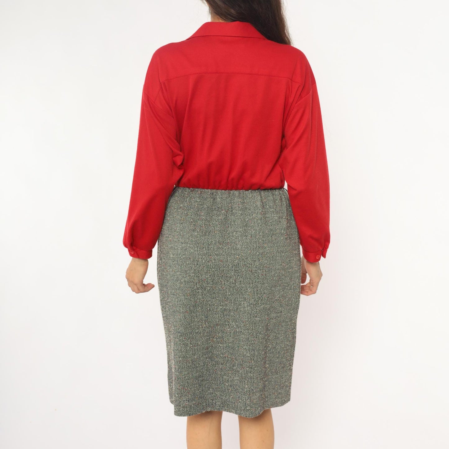 70s Lady Carol Petites Red Tweed Shirtdress Knee Length Small Medium