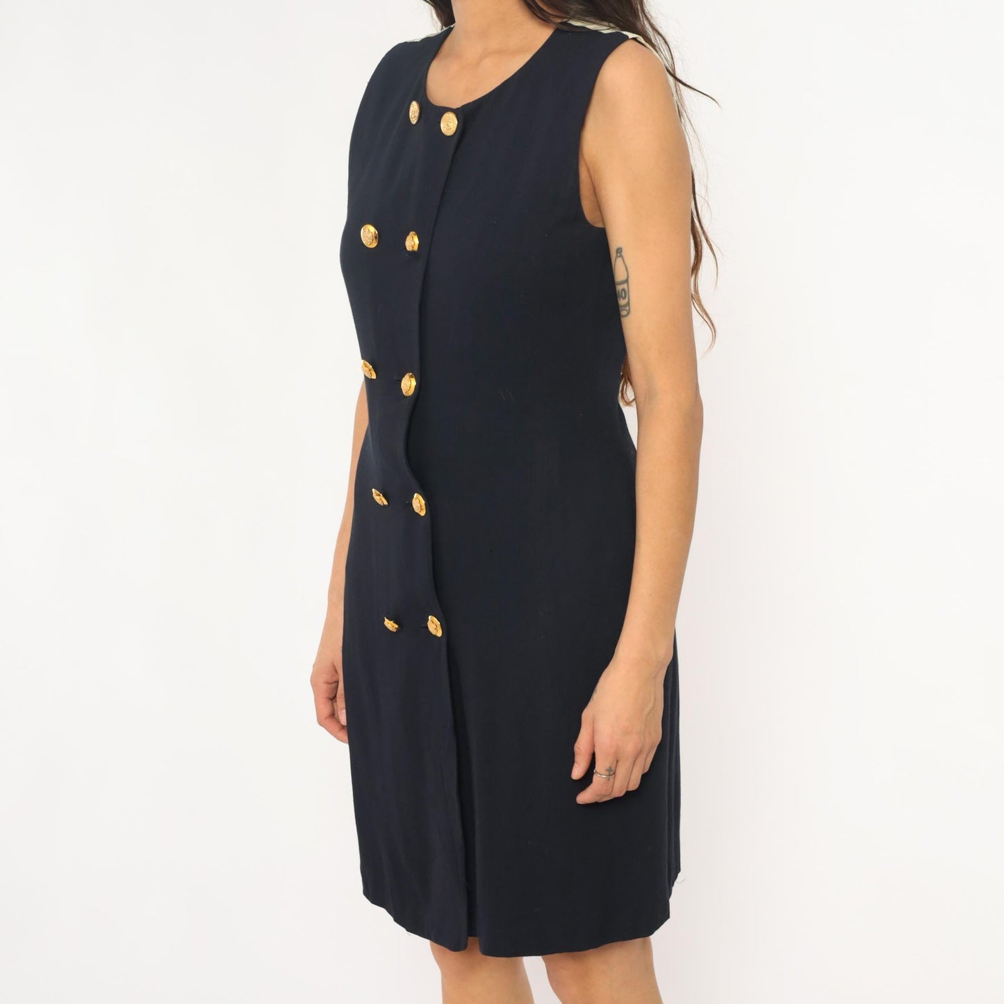 90s Liz Claiborne Navy Nautical Sleeveless Dress Gold Buttons Striped Back Medium