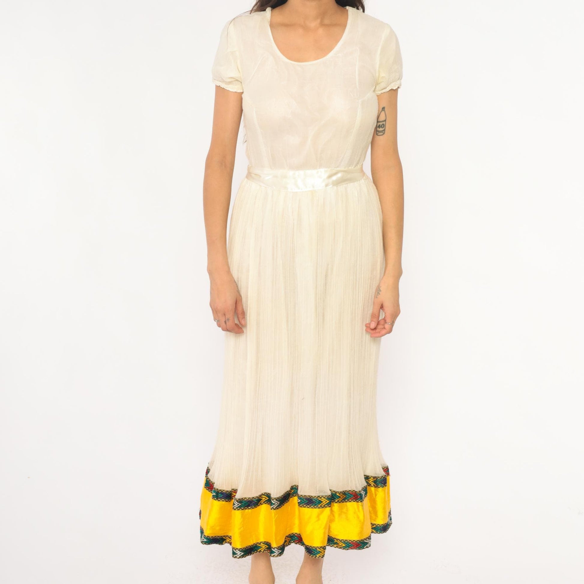 70s Cream Maxi Dress Puff Sleeve Pleated Skirt Embroidered Trim Extra Small