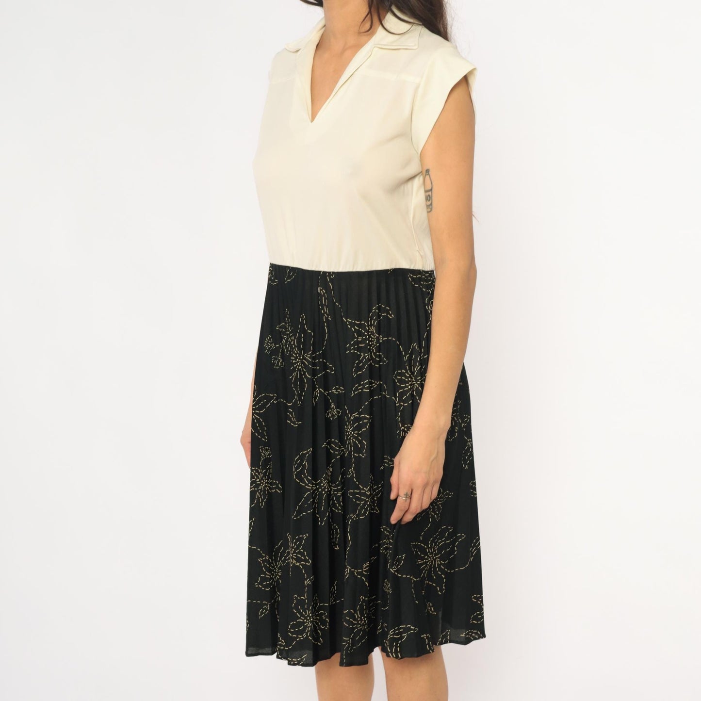80s Polo Collar Dress Cream Black Floral Colorblock Medium